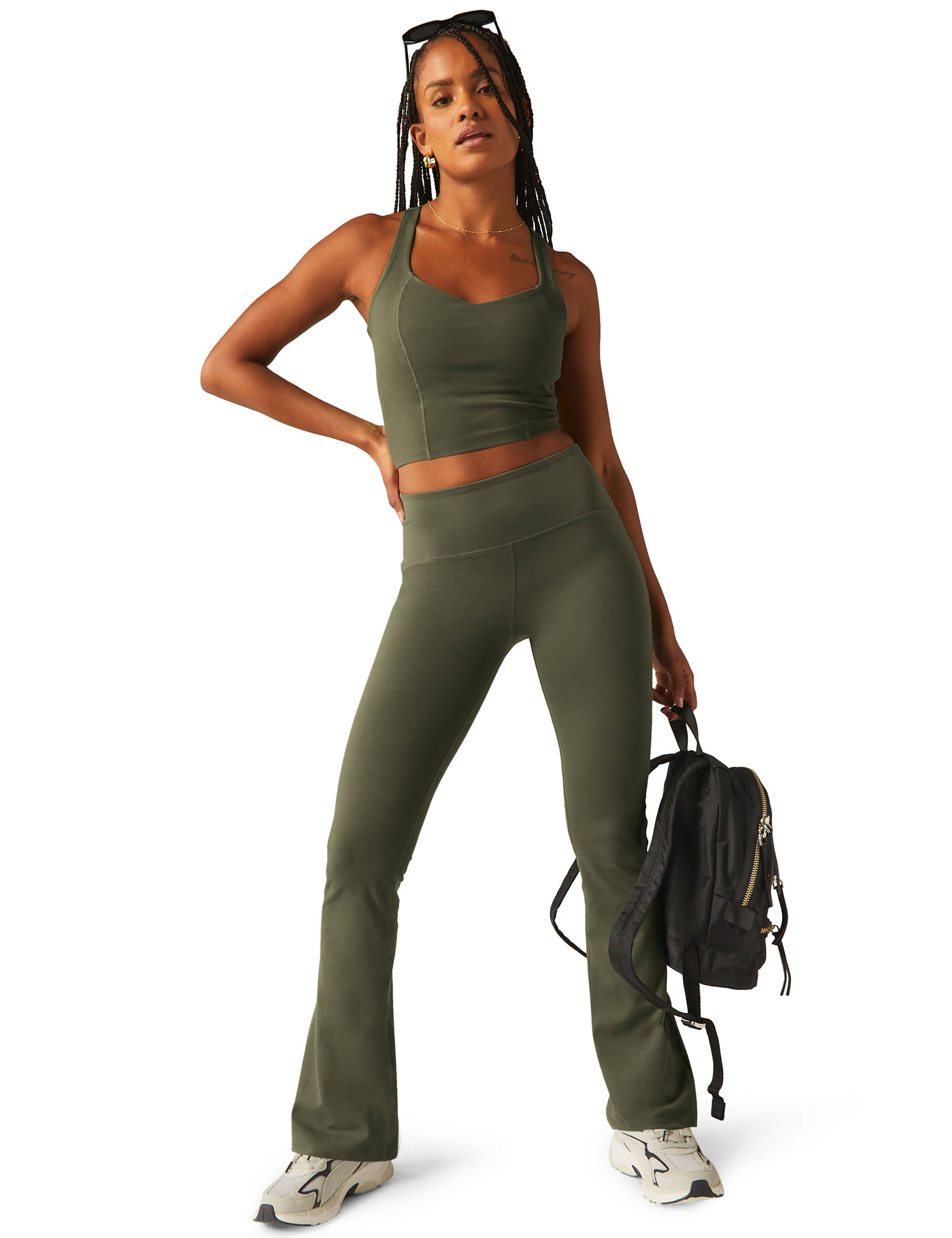 POWERBEYOND Intensity Racerback Cropped Tank Top - Modern Olive Green Workout Shirt for Women | Yoga, Gym & Running Activewear
