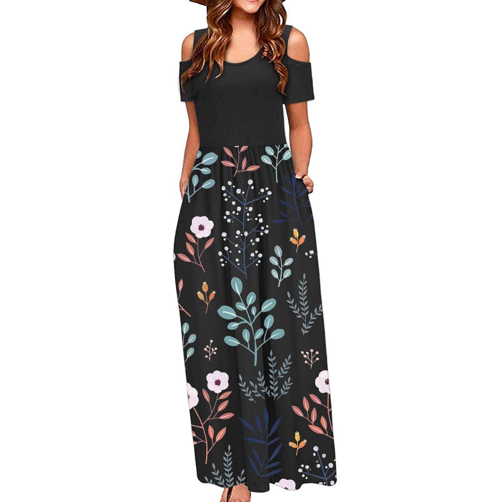 Elegant Patchwork Floral Maxi Dress for Women - Summer Short Sleeve Cold Shoulder Sundress, Casual & Work Wear | Perfect for Beach Vacations, Office Outings & Date Nights