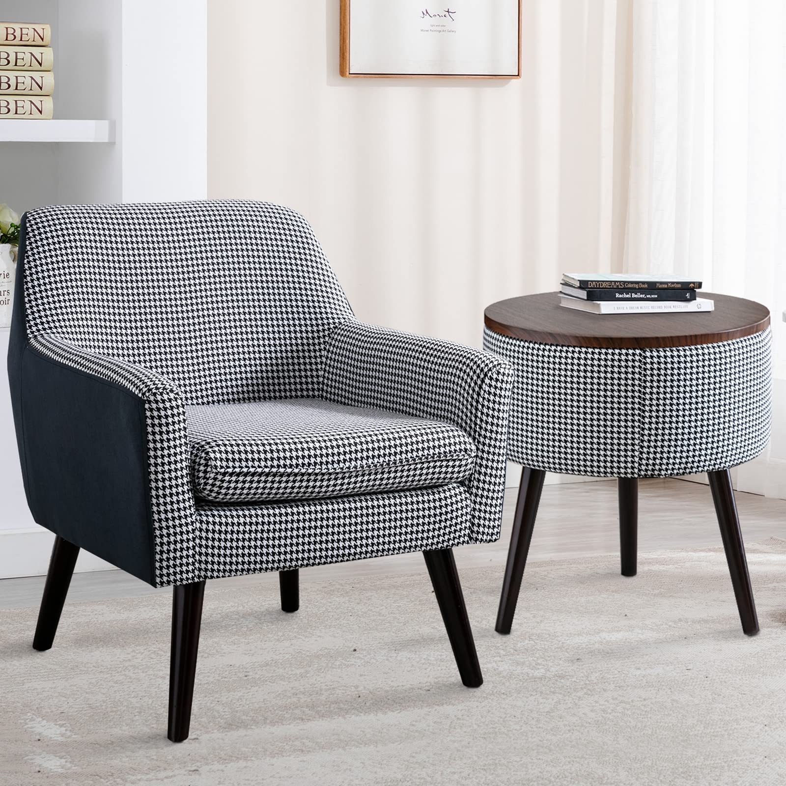 INZOY Accent Chair with Ottoman Storage, Soft Fabric Lounge Chair with Round Table and Removable Cushion - Modern Living Room, Bedroom Armchair with Wood Legs & Anti-Slip Foot Pads (Houndstooth) - Perfect for Reading Nooks, Small Spaces & Cozy Home Decor
