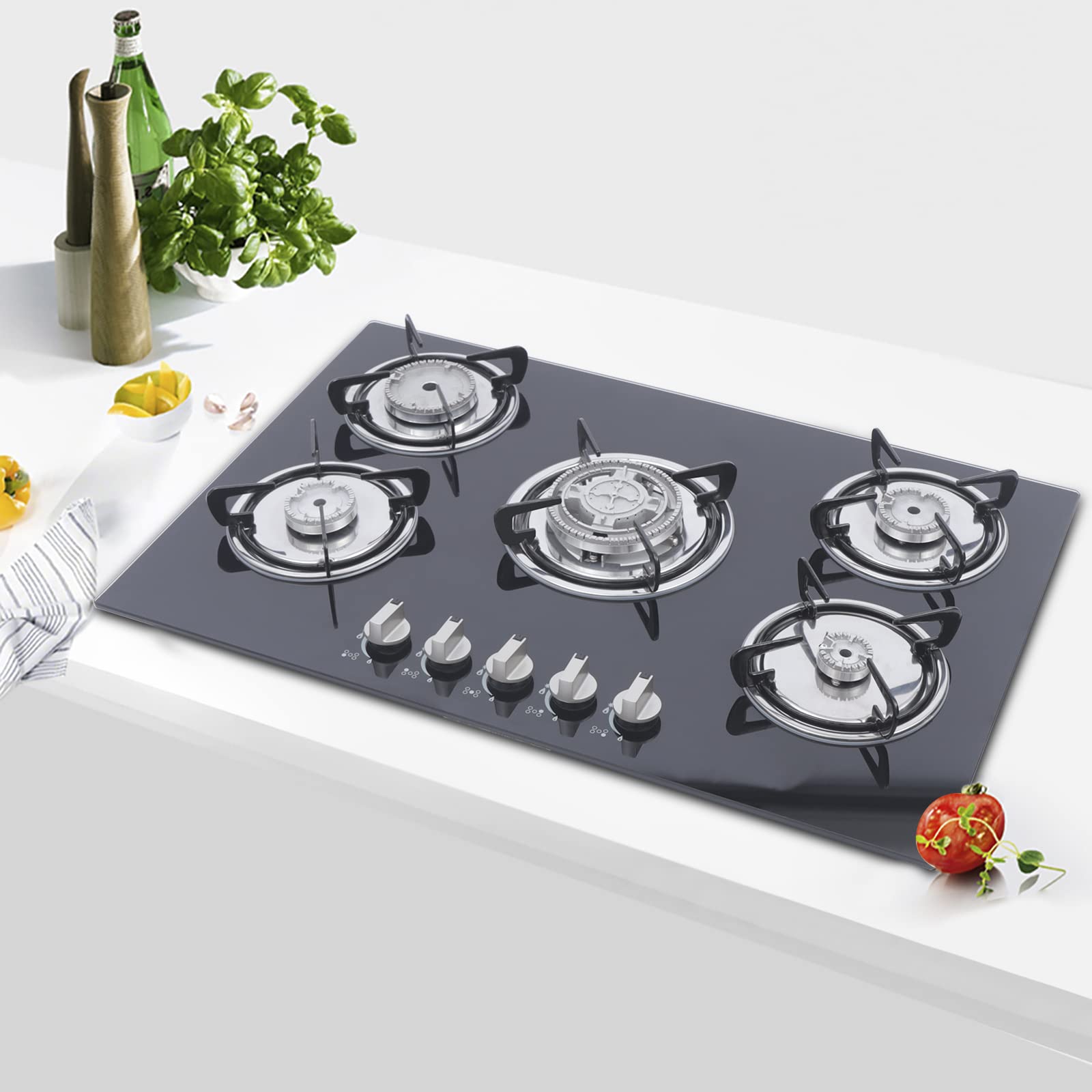 5 Burner Gas Cooktop Stove - Tempered Glass Built-In NG/LPG Range with Thermocouple Protection (70x510mm) for Home & Commercial Kitchens - Perfect for Cooking, Baking & Large Family Meals