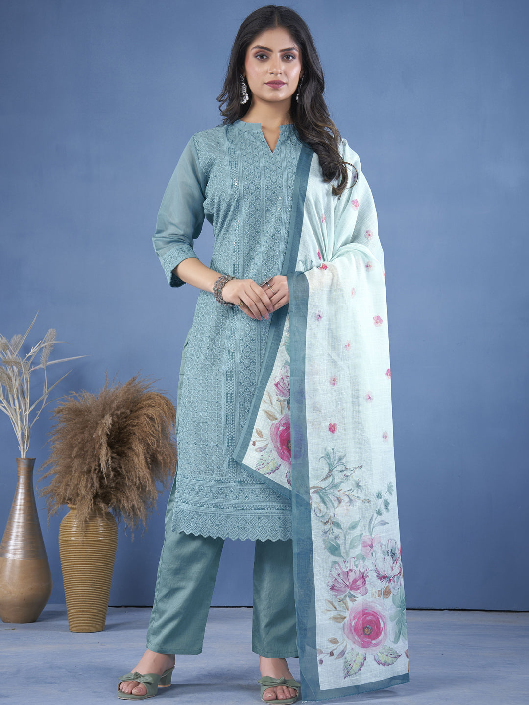 Elegant Aqua Blue Ready-Made Pant Suit with Designer Embroidery - Perfect for Weddings, Parties & Formal Events