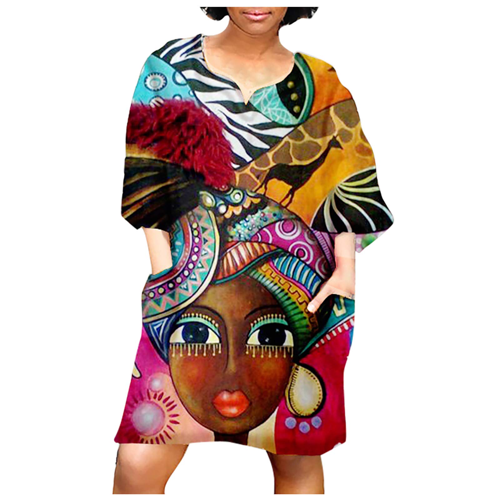Women's Summer Casual Beach Dress - African Vintage Print Mini Dress with Middle Sleeves & Sun Pockets | Trendy Loose Fit for 2022 | Perfect for Vacations, Pool Parties & Tropical Getaways