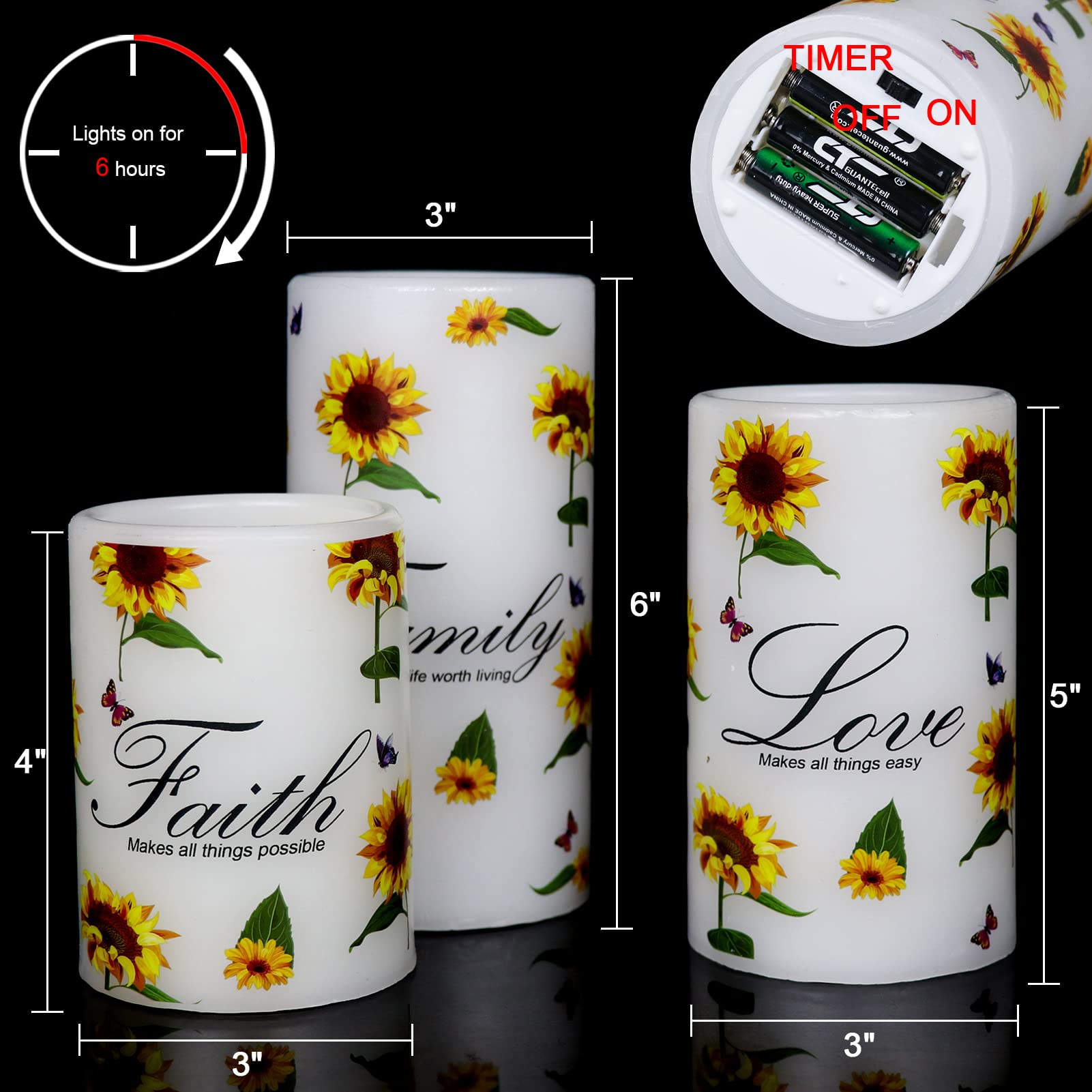 Wondise Flameless LED Pillar Candles with Timer - Set of 3 Real Wax Sunflower Design Battery Operated Candles for Home Decor, Wedding Centerpieces & Romantic Ambiance