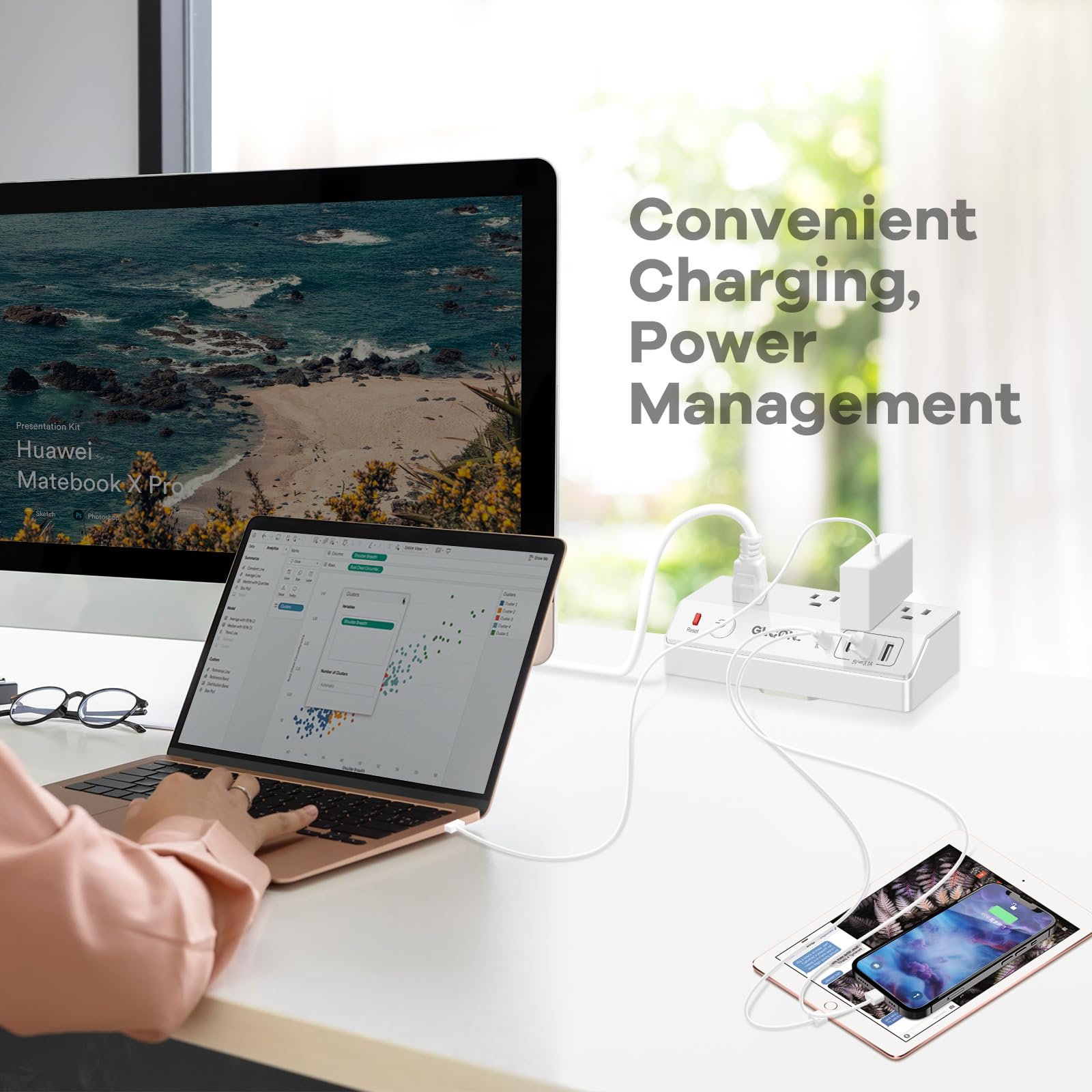 20W PD USB C Desk Clamp Power Strip with Surge Protection - 4 Outlets & 4 USB Ports Charging Station - Multi Plug Edge Mount Power Hub for Home Office, Gaming Setup & Workspace Accessories