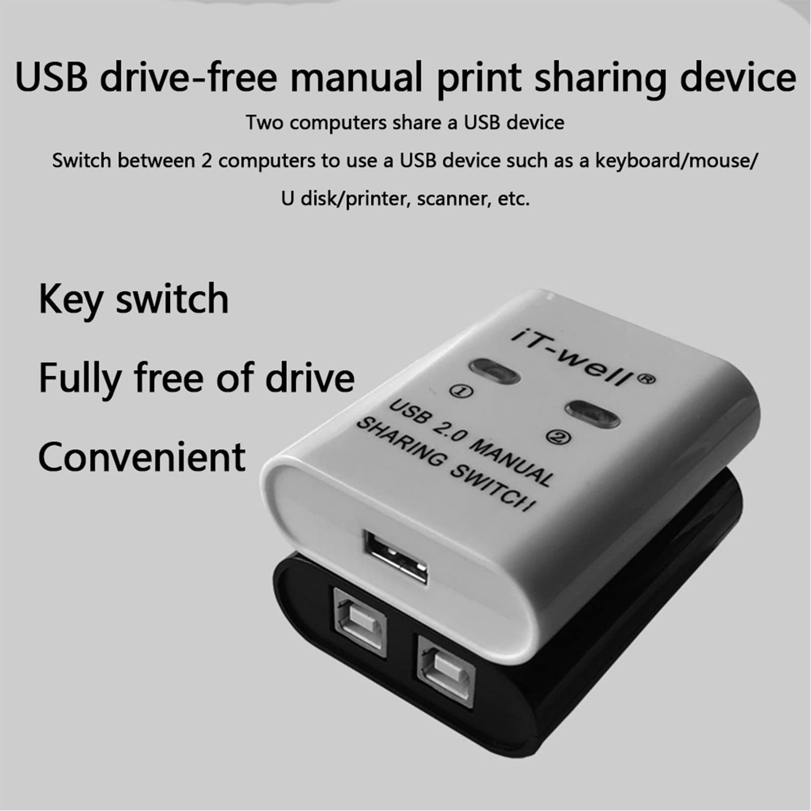 HOOLRZI 2-Port USB 2.0 Manual Switch Hub - 2 In 1 Out Printer Sharing Device & Data Transfer Converter for PC/Laptop (Black/White) - Perfect for Home Office & Multi-Device Workspace Setup