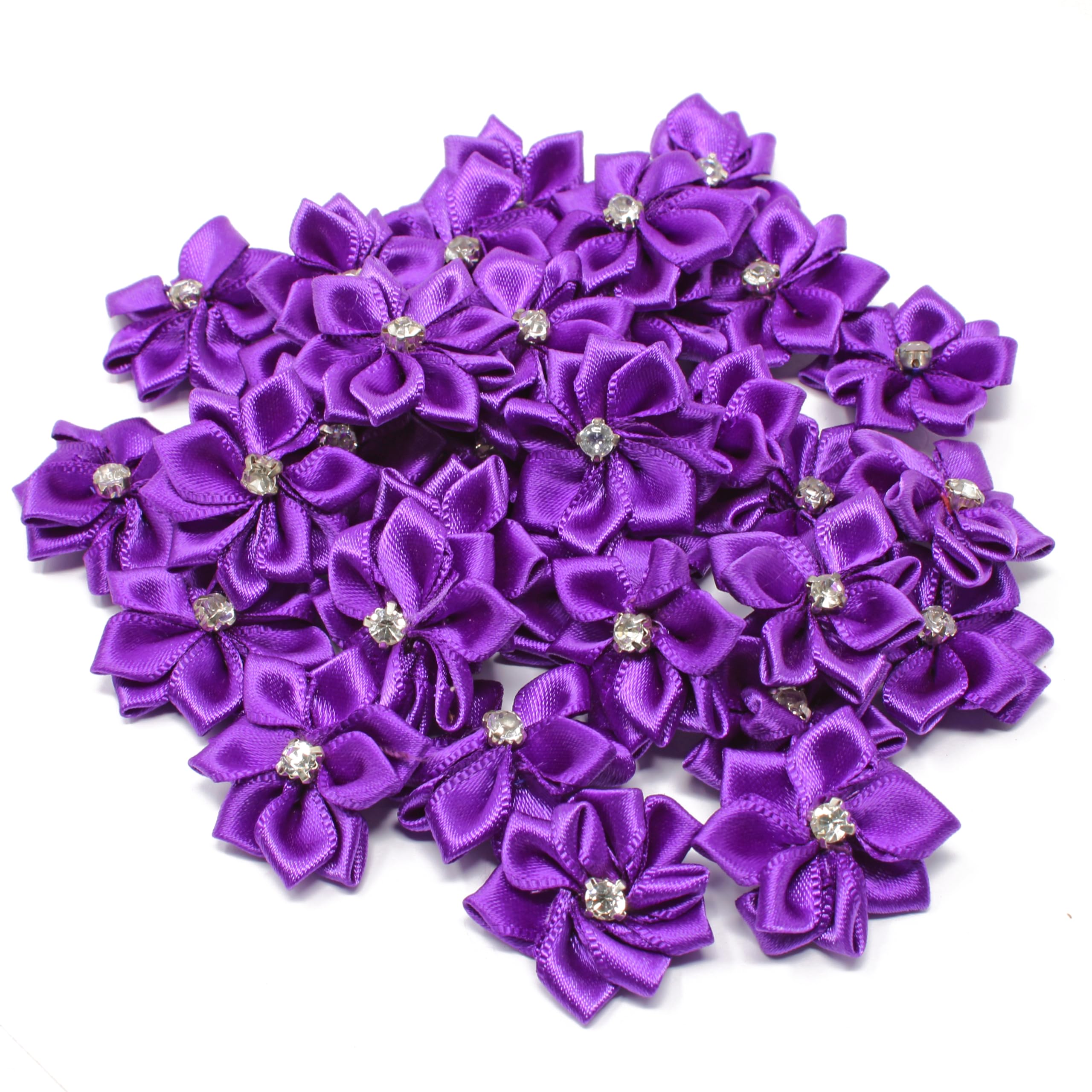 25mm Purple Satin Ribbon Flowers with Rhinestone Center - Pack of 50 DIY Craft Flowers for Wedding Bouquets, Hair Accessories, Gift Wrapping & Home Decor