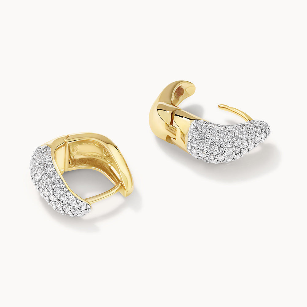 14K Gold White Topaz Wave Huggie Hoop Earrings for Women - Elegant Dome Pave Design for Parties, Weddings & Everyday Wear