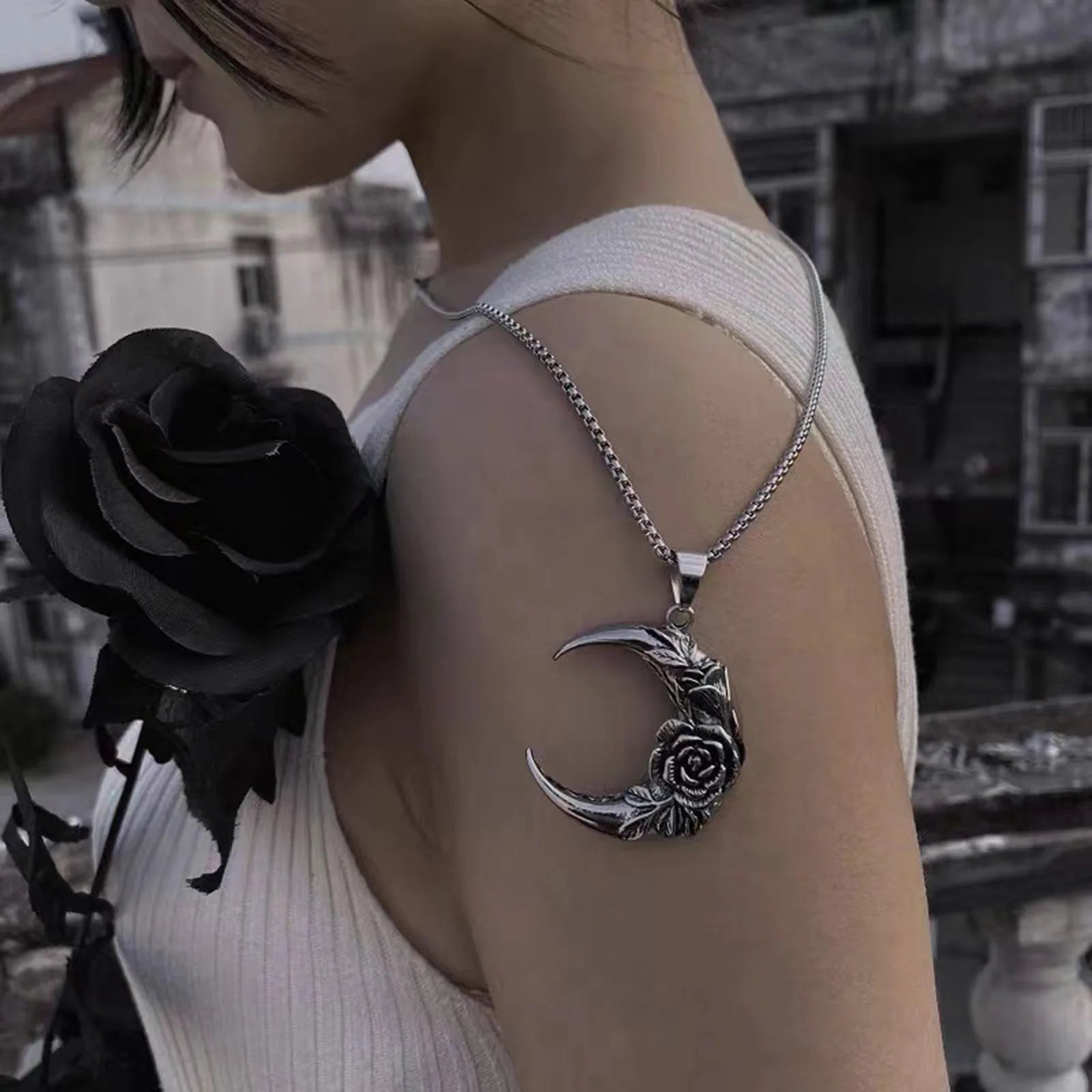Crescent Moon and Rose Pendant Necklace for Women - Elegant Silver Jewelry Gift for Her, Perfect for Valentine's Day, Anniversary & Romantic Occasions