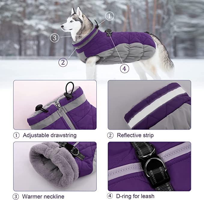 Lelepet Windproof Reflective Dog Winter Coat with Harness - Fleece Lined Turtleneck Jacket for Small, Medium & Large Dogs | Cold Weather Protection for Outdoor Walks & Winter Adventures
