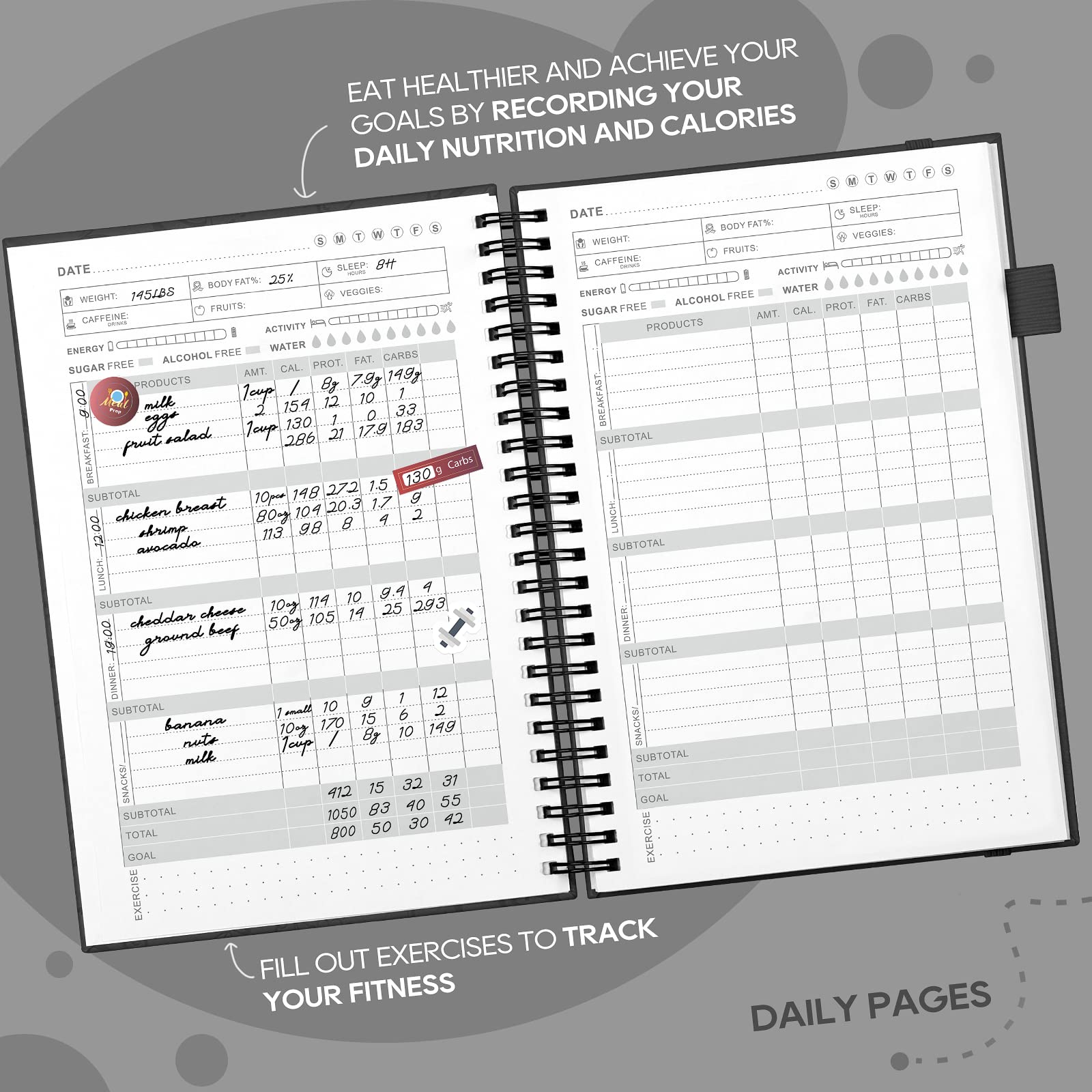 Women's Weight Loss Food Journal & Wellness Meal Planner - A5 Hardcover Undated Fitness Tracker with Calorie Counter - Perfect for Diet Tracking, Workout Planning & Healthy Lifestyle - Black