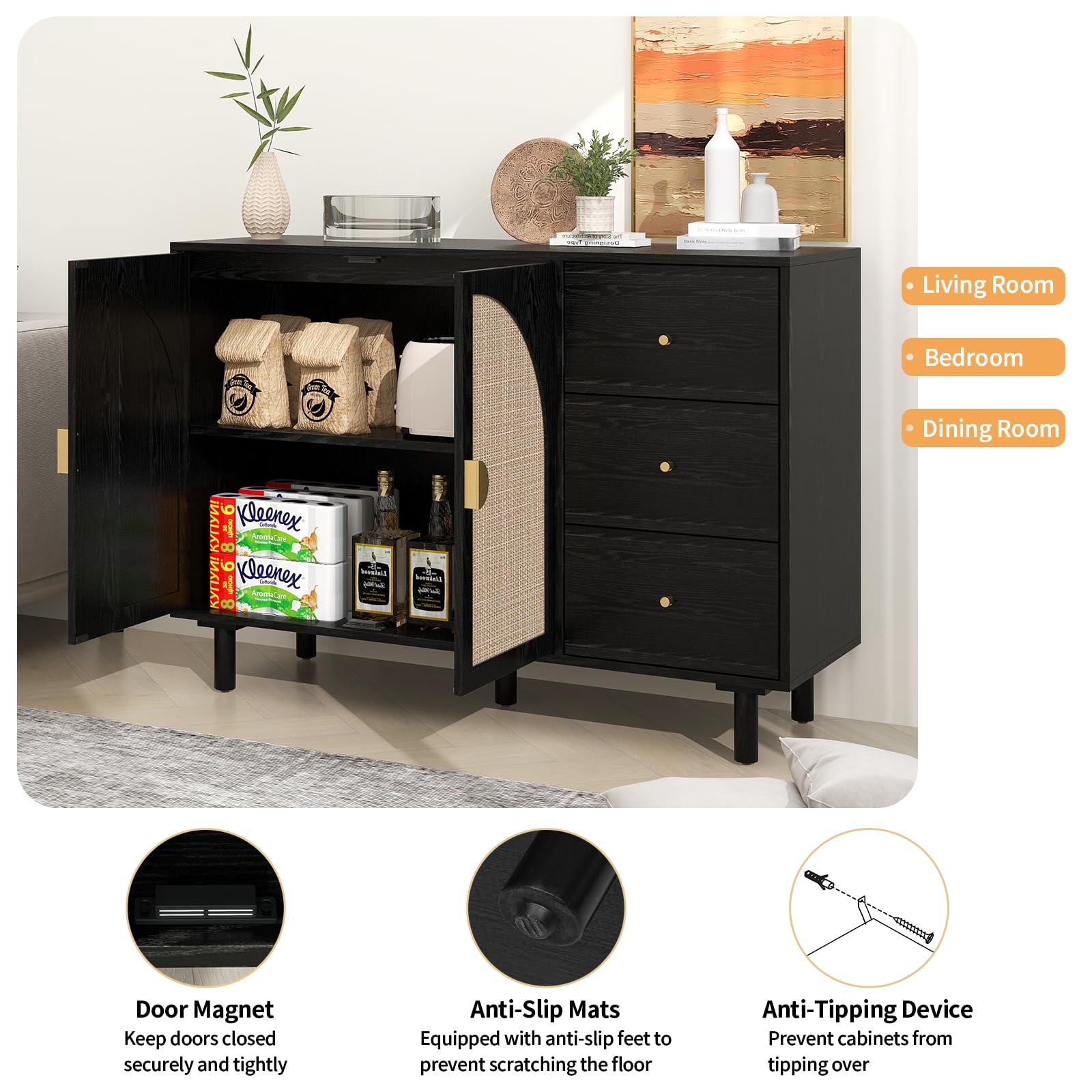 Modern Rattan Sideboard Buffet Cabinet with 2 Doors & 3 Drawers - Adjustable Shelves Storage Console for Living Room, Kitchen, Dining Room - Boho Chic Home Decor Accent Furniture (Black) | Perfect for Entertaining, Displaying Decor & Organizing Dishes
