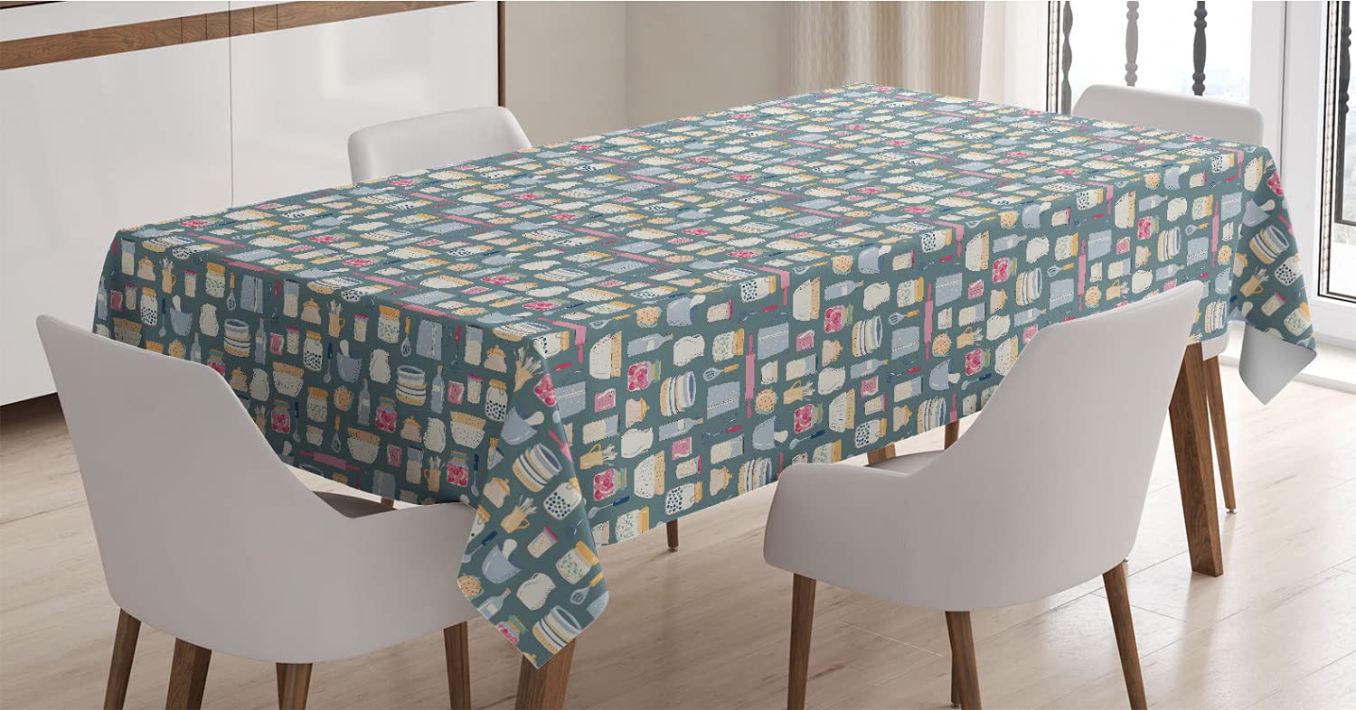 Ambesonne Modern Kitchen Tablecloth - Rectangle Satin Dining Table Cover with Cooking Utensils Print, 60x90 Inches, Multicolor - Perfect for Dining Room, Kitchen Decor & Holiday Entertaining