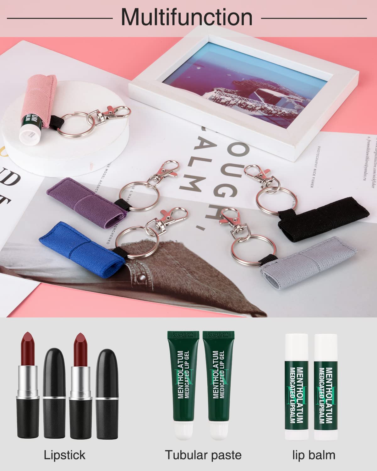 5pcs Lip Balm Holder with Hook - Elastic Chapstick & Lip Gloss Sleeve Pouch for Women | Perfect Stocking Stuffers Gift, Travel & Everyday Essentials