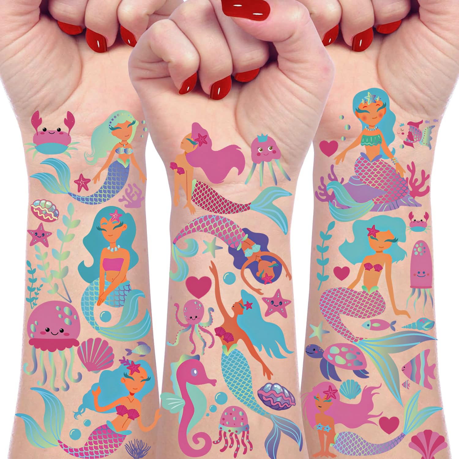 Mermaid Temporary Tattoos for Kids - 130+ Pcs Under The Sea Party Decorations, Birthday Favors & Gifts | Perfect for Mermaid Themed Birthday Parties, Pool Parties & Ocean-Themed Events
