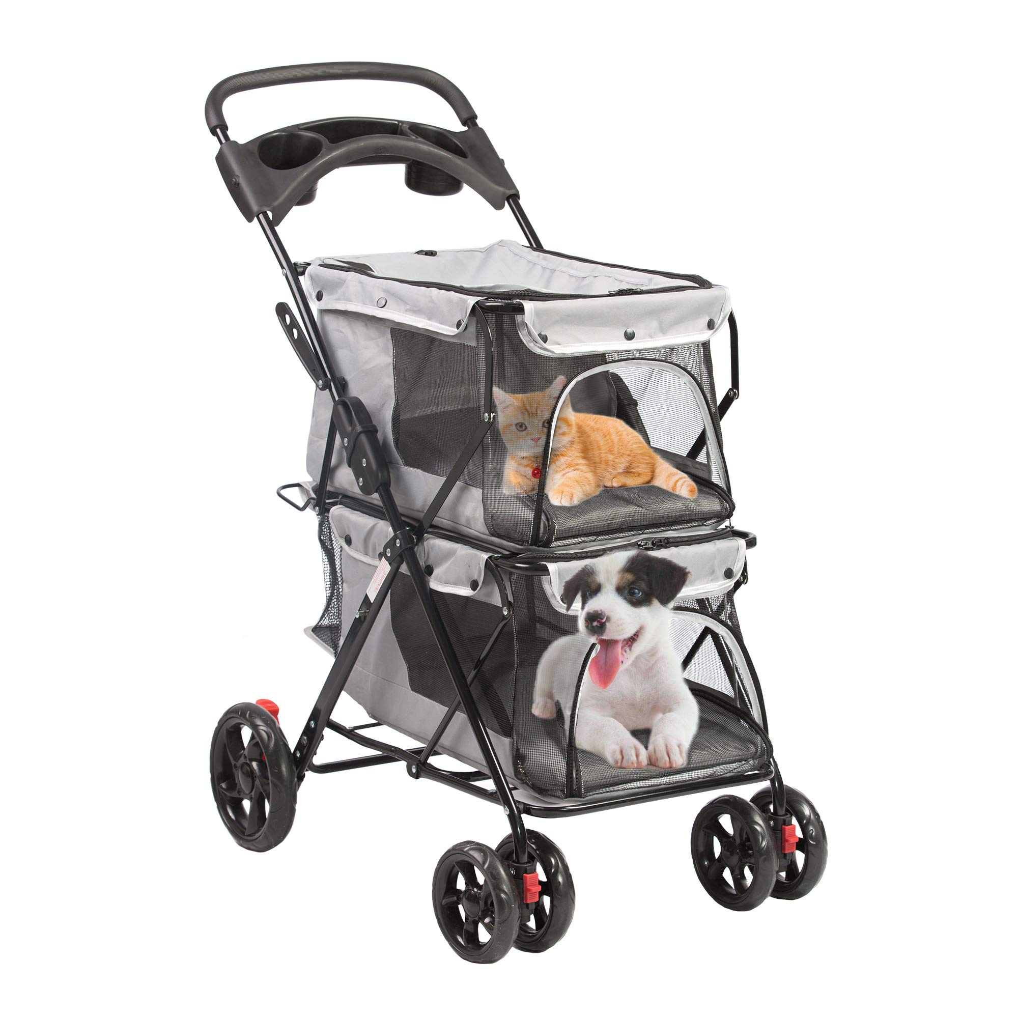 LUCKYERMORE Double Pet Stroller for 2 Cats & Dogs - 4-Wheel Foldable Cat & Dog Carrier with Cup Holders, Mesh Windows & Soft Pad - Ideal for Small to Medium Pets - Perfect for Park Walks, Vet Visits & Shopping Trips (Gray)