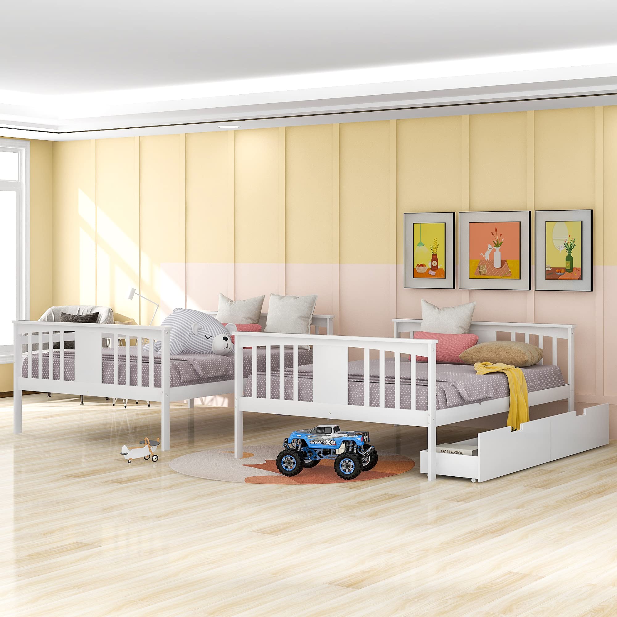 Harper & Bright Designs Full Over Full Bunk Bed with Drawers - Solid Wood Bunk Bed Frame with Ladder & 2 Storage Drawers, White - Perfect for Kids' Bedroom, Guest Room & Space-Saving Solutions