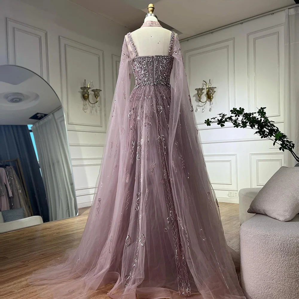 Luxury Dubai Arabic Nude A-Line Cape Sleeve Crystal Beaded Evening Gown for Women - Saudi Formal Dress LA72764 | Wedding, Prom, Gala & Special Occasions