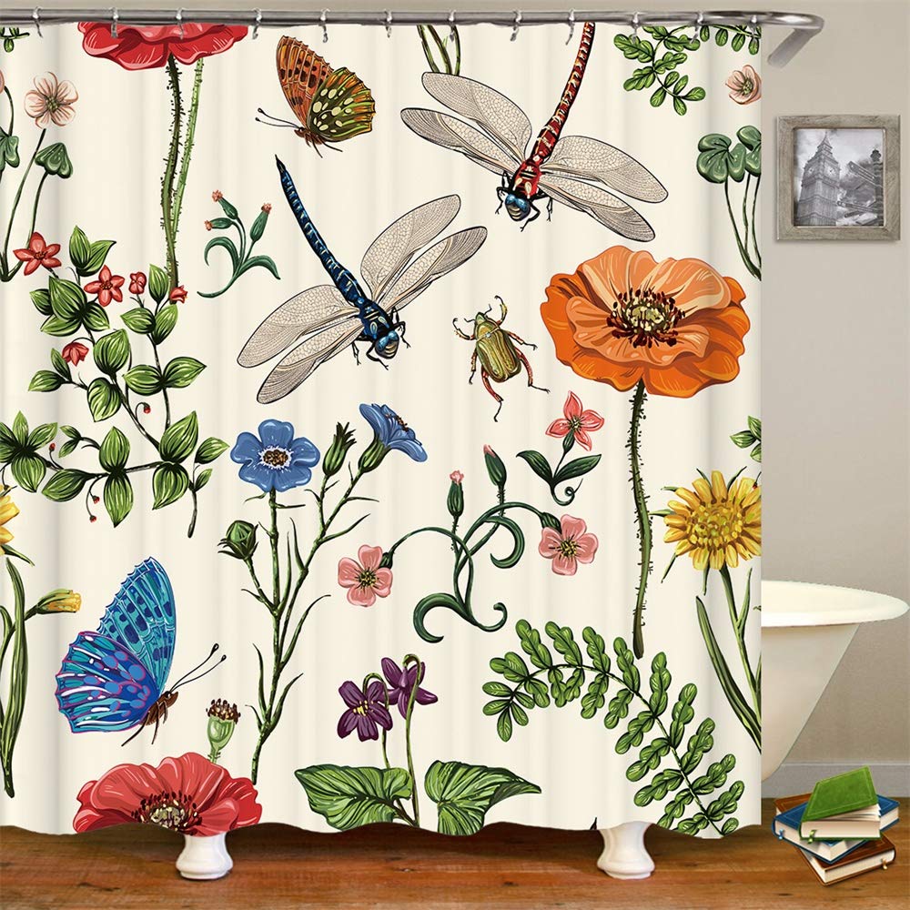 Colorful Dragonfly Butterfly Flower Leaf Floral Shower Curtain - Blue Pink Garden Design Bathroom Decor with Hooks | Perfect for Modern Bathrooms, Kids' Rooms & Spa-Style Retreats