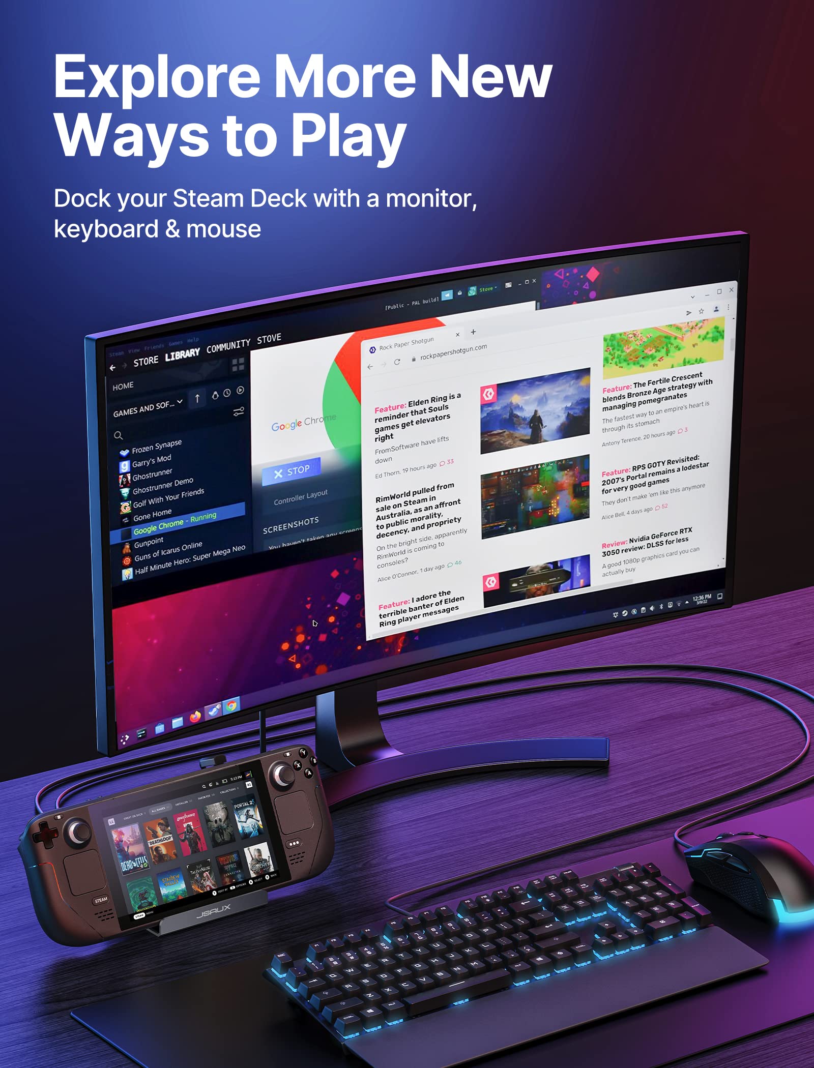 JSAUX 5-in-1 Docking Station for Steam Deck/ROG Ally/Legion Go - HDMI 2.0 4K@60Hz, 100Mbps Ethernet, 2x USB-A 2.0 & USB-C Ports - Perfect for Gaming, Streaming & Office Work