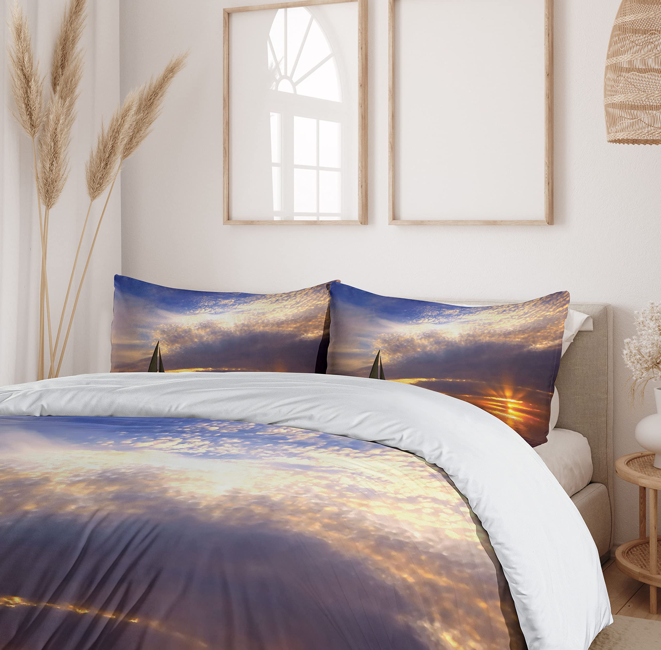 Ambesonne Sailboat Duvet Cover Set - Queen Size 3 Piece Bedding with 2 Pillow Shams | Nautical Themed Marigold Blue Grey Design | Perfect for Beach House Decor, Romantic Honeymoon Bedroom & Coastal Inspired Home Styling