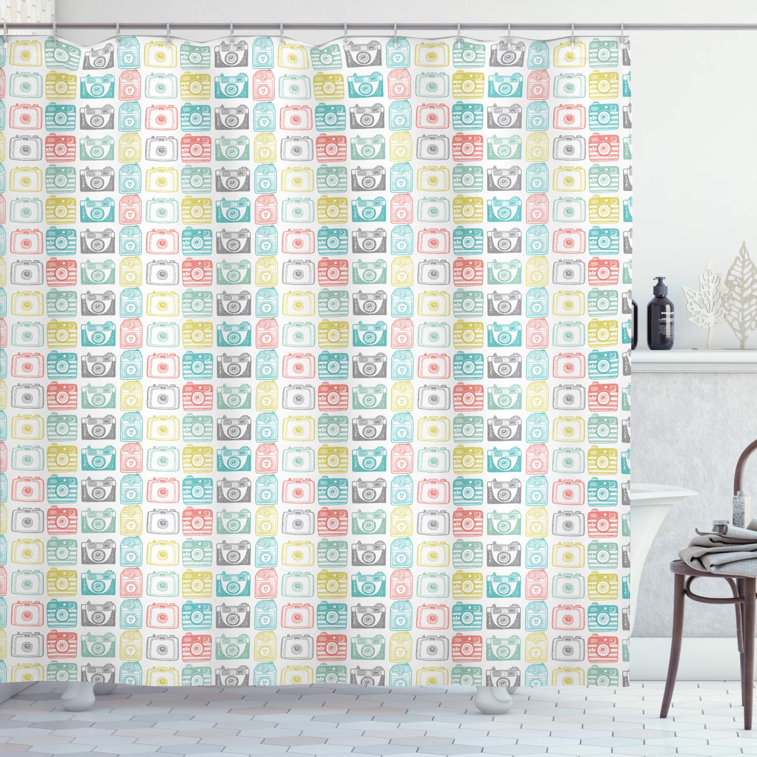 Ambesonne Vintage Camera Shower Curtain - Hand Drawn Retro Photography Design, Colorful Sketch Style, 69x84 Inch Waterproof Fabric Bathroom Decor with Hooks - Perfect for Vintage Theme Bathrooms & Photography Enthusiasts