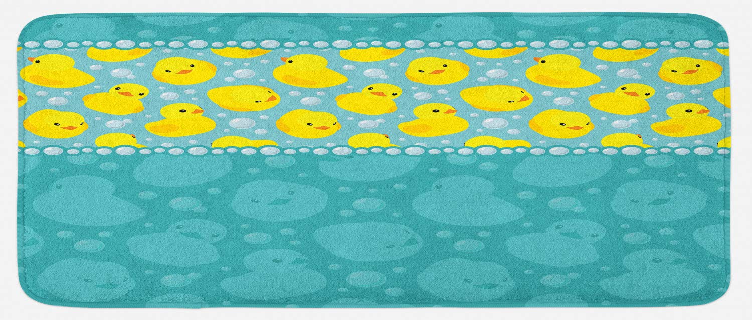 Ambesonne Non-Slip Rubber Duck Kitchen Mat - Cartoon Duckies Swimming in Water Design with Fun Bubbles, 47x19 Inch Plush Bathroom Rug, Teal Blue - Perfect for Kitchen, Bathroom & Laundry Room Decor