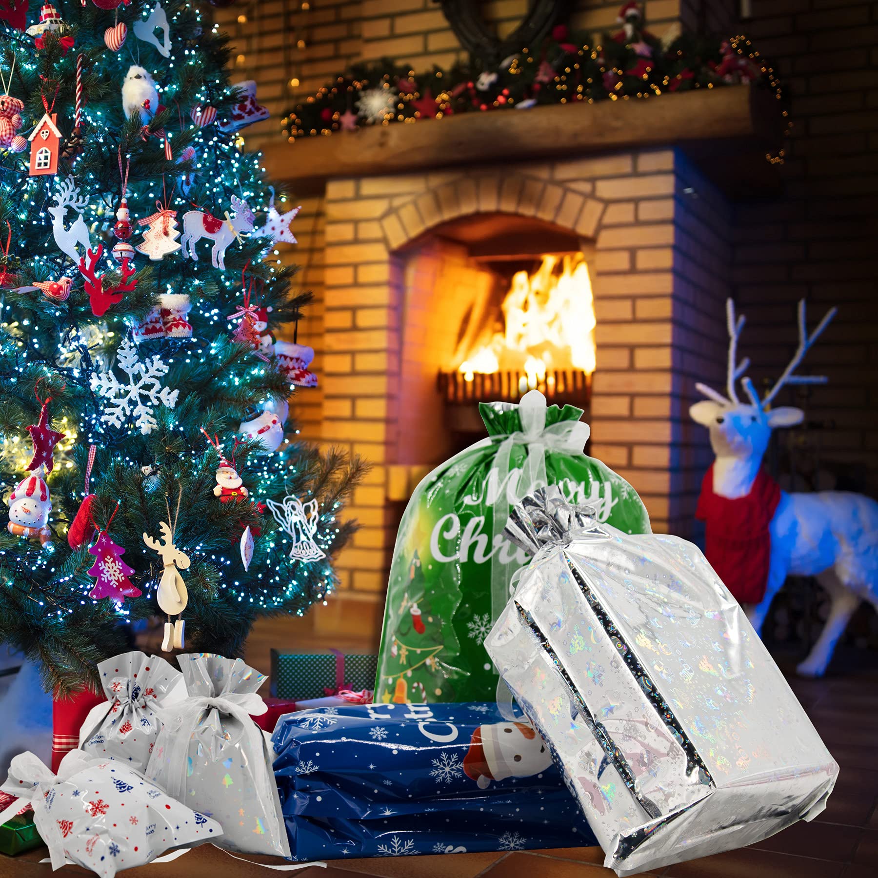 BQTQ 42 Pcs Christmas Drawstring Gift Bags - 10 Festive Designs & 5 Sizes for Holiday Wrapping, Party Favors & Treats - Perfect for Christmas Parties, Gift Exchanges & Stocking Stuffers