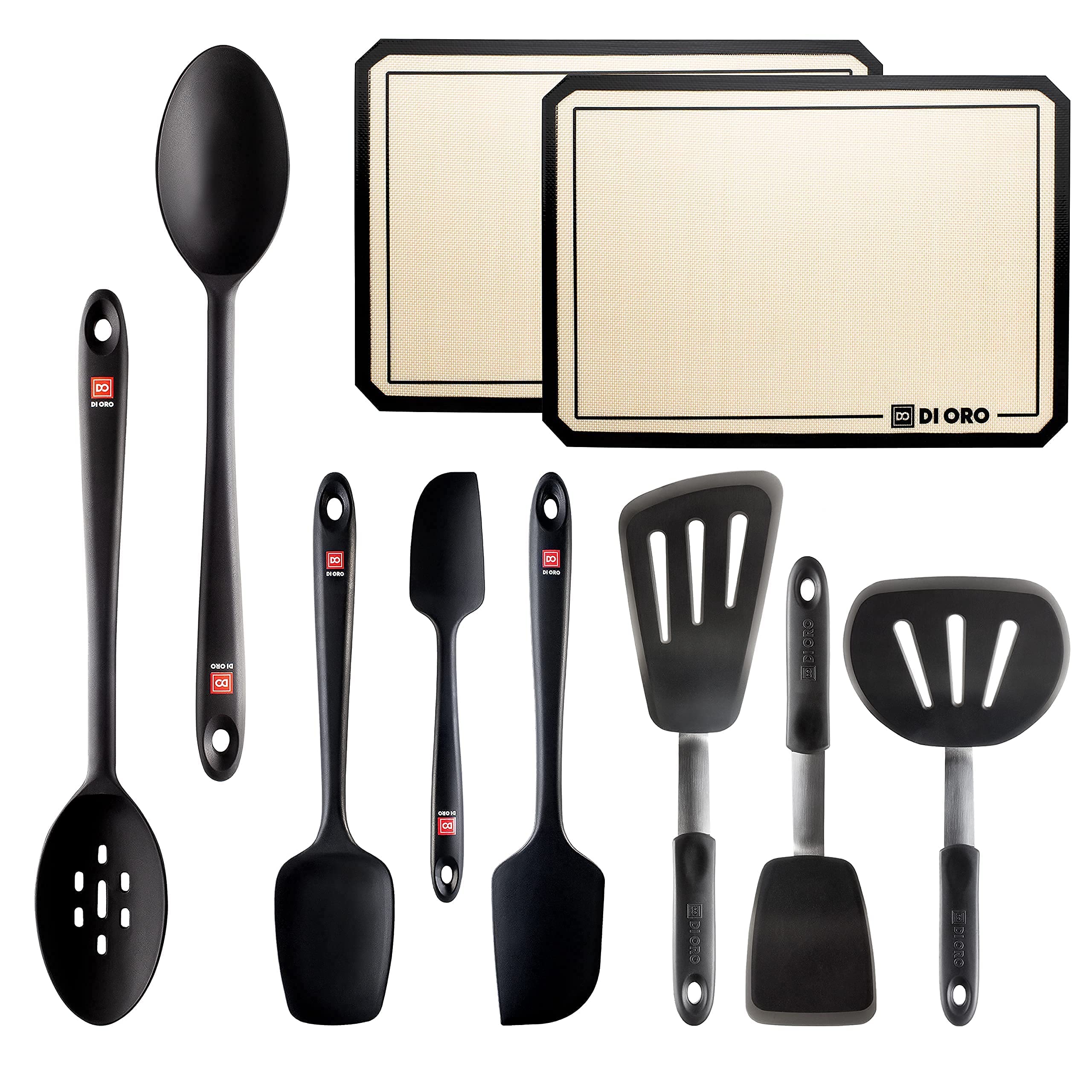 DI ORO Chef Series 3-Piece Turner Spatula Set with 2-Piece Silicone Baking Mats & 3-Piece Silicone Spatulas - Premium Non-Stick Kitchen Utensils for Cooking, Baking, Grilling - Perfect for Home Chefs & Professional Kitchens (Black)