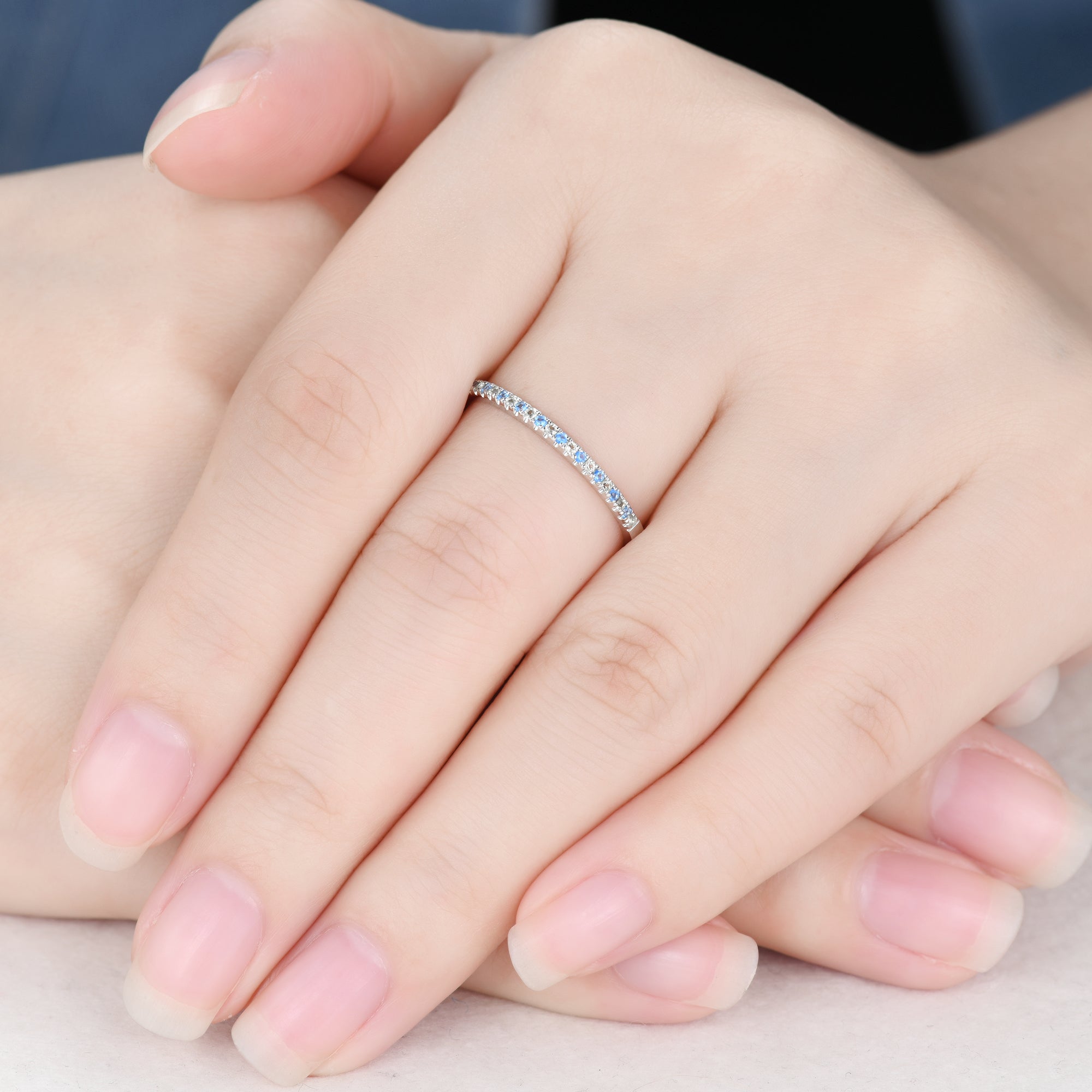 Petite Topaz Peridot White Gold Half Eternity Wedding Band Pave Stacking Ring for Women - Dainty Stackable Engagement Ring, Anniversary Gift for Her - Perfect for Bridal Jewelry, Everyday Wear & Special Occasions