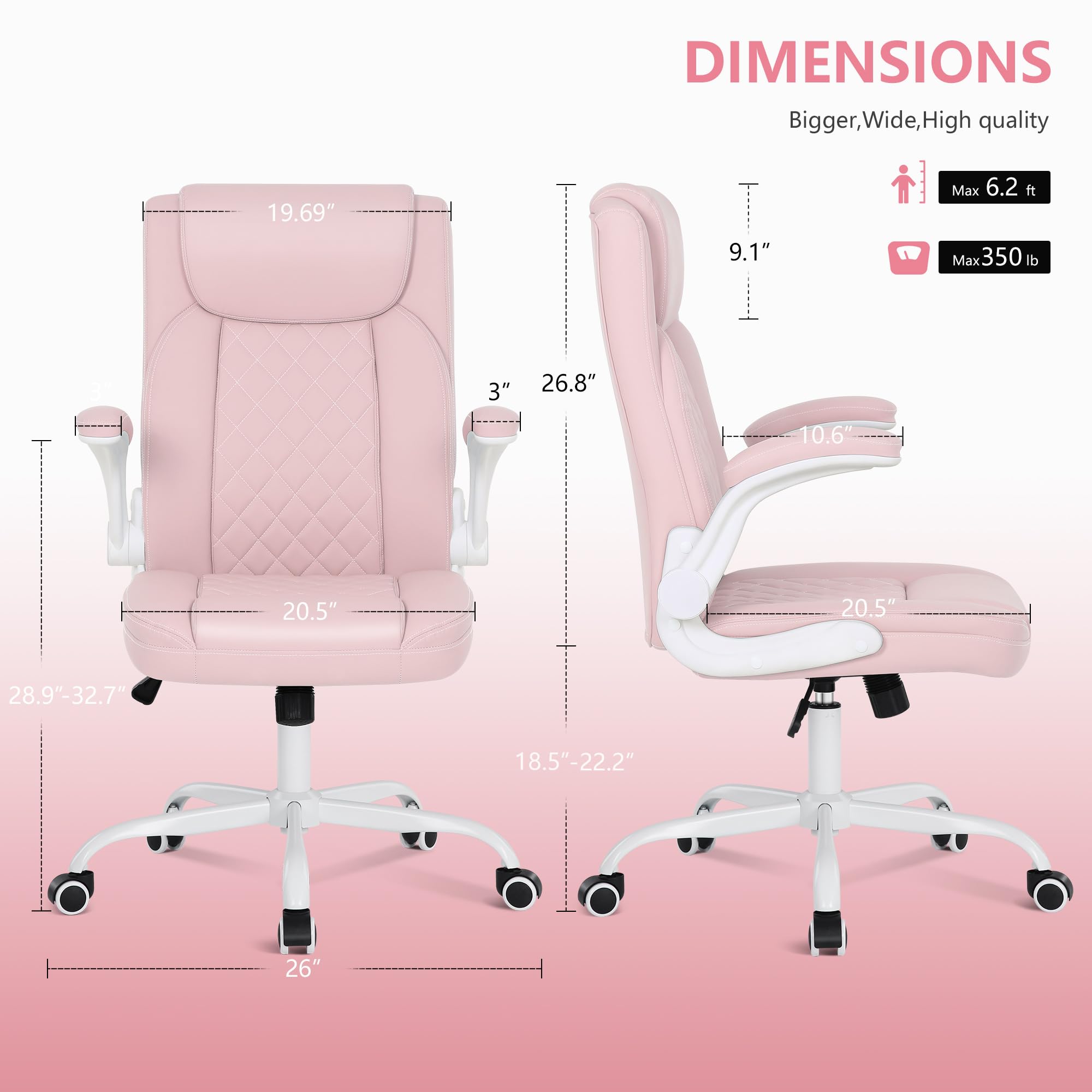 Premium Big and Tall Office Chair - High Back Ergonomic Computer Desk Chair with Flip-Up Armrests, PU Leather Executive Chair with Rocking Function (Pink) - Perfect for Home Office, Gaming Setup & Workspace Comfort