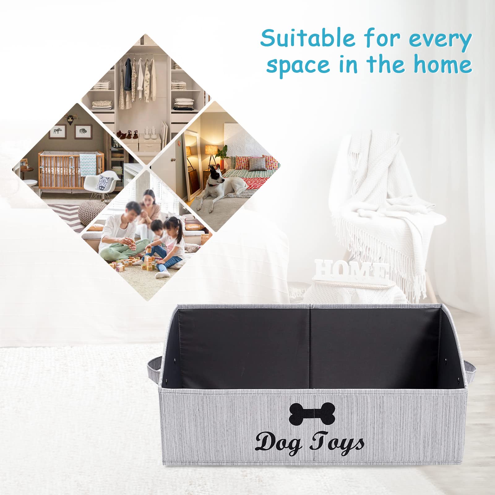 Linen-Cotton Blend Dog Toy Basket & Storage Box for Pet Toys, Blankets, Leashes, Rope Toys - Slub Gray - Perfect for Pet Organization in Living Room, Bedroom or Nursery