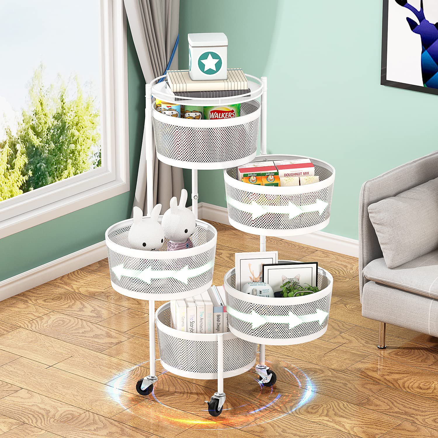 5-Tier Metal Rotating Storage Shelf - Kitchen Organizer Rack with Wheels, Free Standing Vegetable Basket for Pantry, Living Room & Bedroom (White) | Space-Saving Spice & Produce Storage Solution