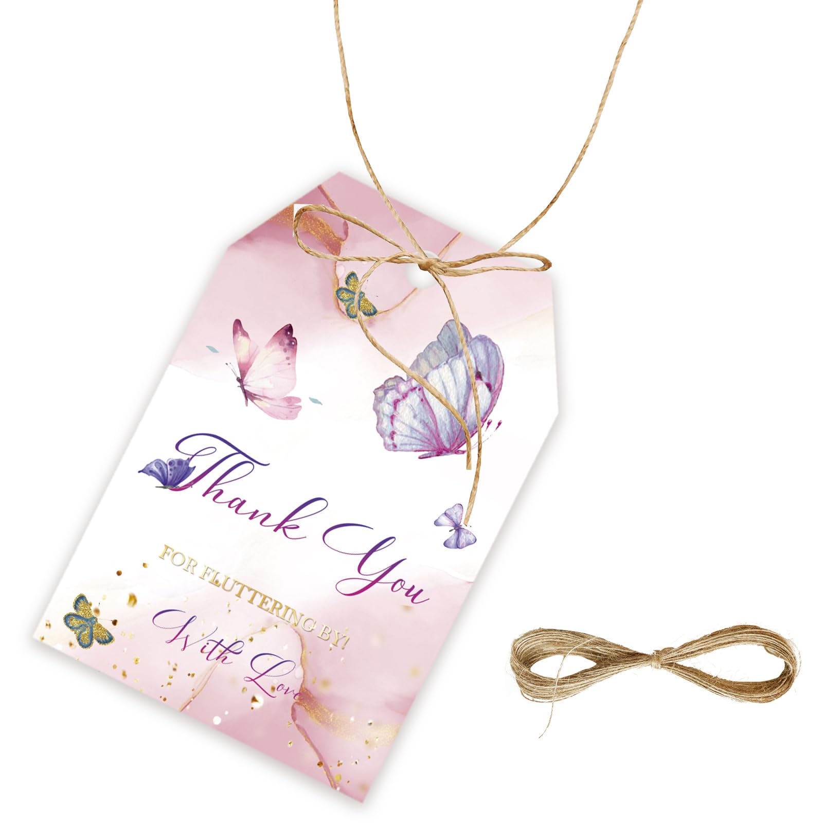 50pcs Butterfly Thank You Gift Tags with String - Elegant Wedding Party Favors, Birthday, Flower Engagement & Bridal Shower Decorations - Perfect for DIY Invitations, Table Place Cards, and Gift Wrapping Accessories