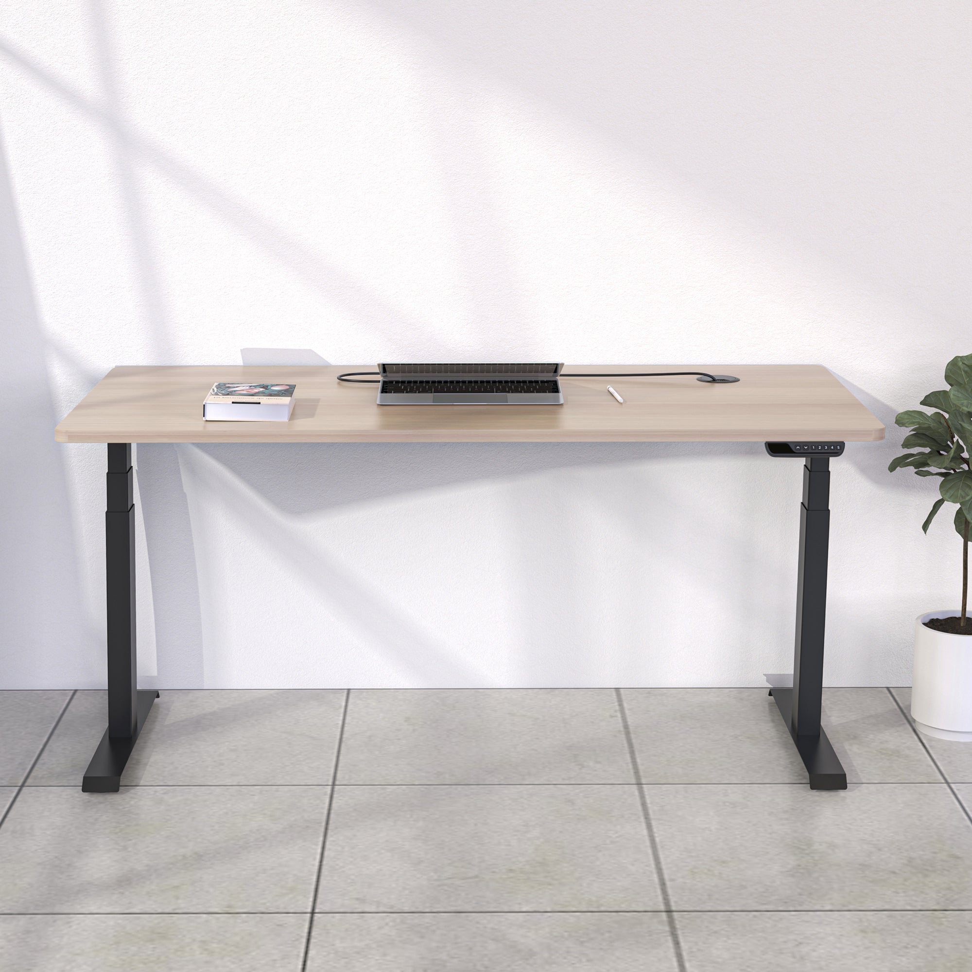 MARLO Single Workstation with Adjustable Height Lift - 1.4M Oak & Black Standing Desk for Home Office, Gaming & Study - Ergonomic Computer Desk for Work from Home & Small Spaces