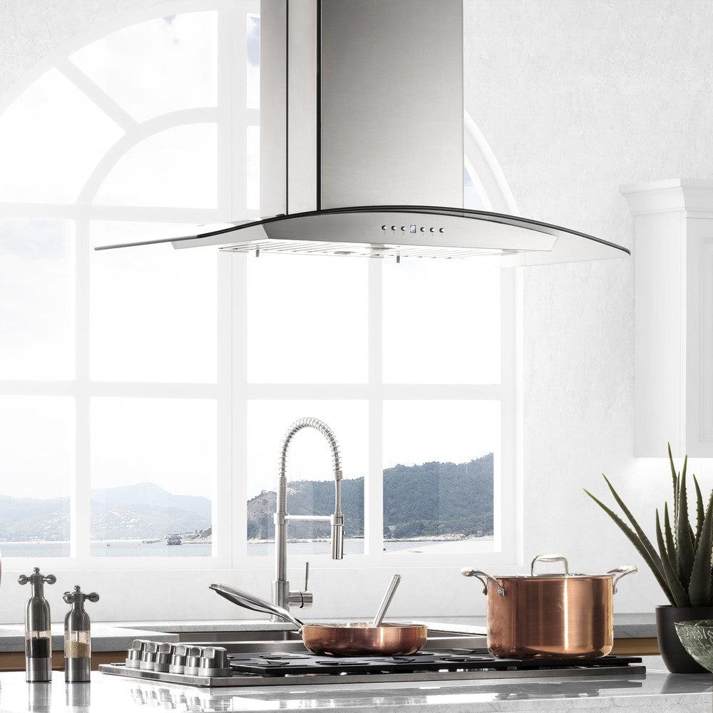 ZLINE GL5iCRN BT Stainless Steel Island Mount Range Hood with Built-in CrownSound Bluetooth Speakers - Premium Kitchen Ventilation for Modern Homes, Perfect for Cooking & Entertaining