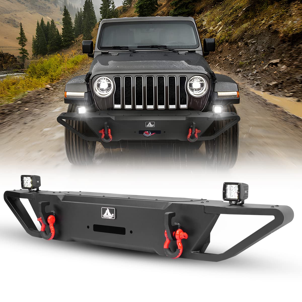NIXON OFFROAD Heavy Duty Front Bumper Combo for 2007-2018 Jeep Wrangler JK & Unlimited - Winch Ready with Plate Mounting, 2 D-Rings & 2 LED Lights - Textured Black Powder Coated Full Width Steel Rock Crawler Off-Road Bumper - Perfect for Trail Riding, Rock Crawling & Overland Adventures