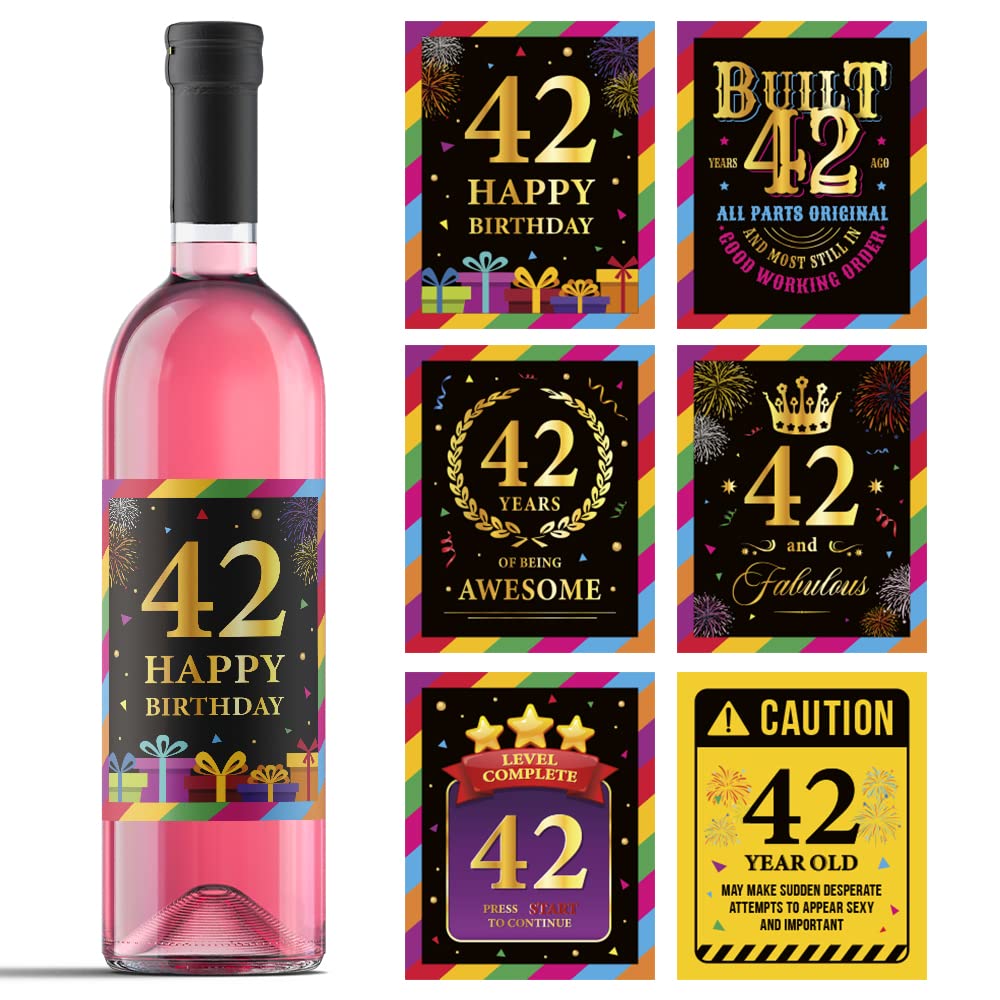 42nd Birthday Wine Labels - Set of 6 Personalized Wine Bottle Stickers for 42 Year Old Birthday Party Decorations, Gift Ideas & Anniversary Celebrations - Perfect for Wine Lovers, Milestone Birthdays & Special Occasions