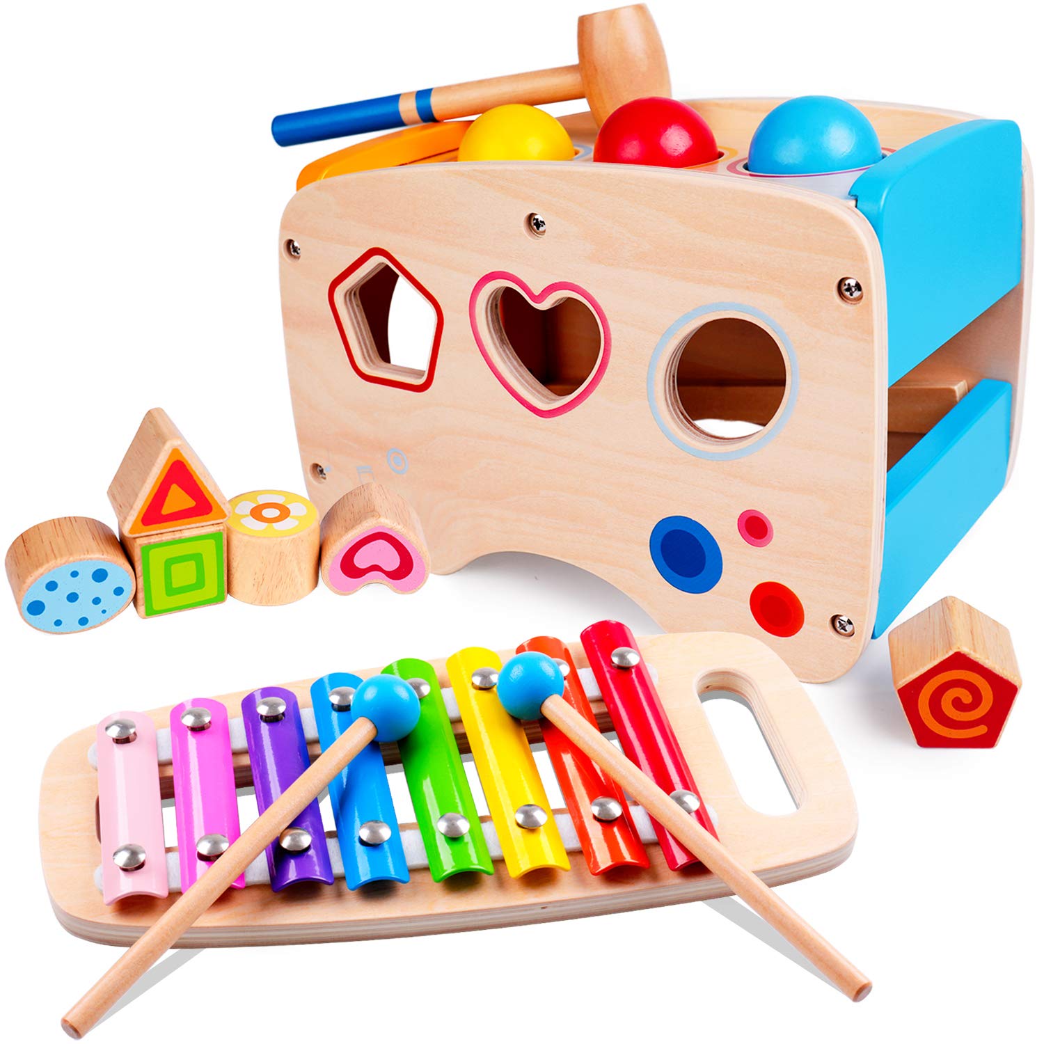 Rolimate Wooden Hammering Pounding Toy with Xylophone & Shape Sorter - Montessori Educational Learning Toy for Toddlers 1-3 Years - Fine Motor Skills Development Gift for Boys & Girls - Perfect for Playtime, Birthday Presents & Early Childhood Education
