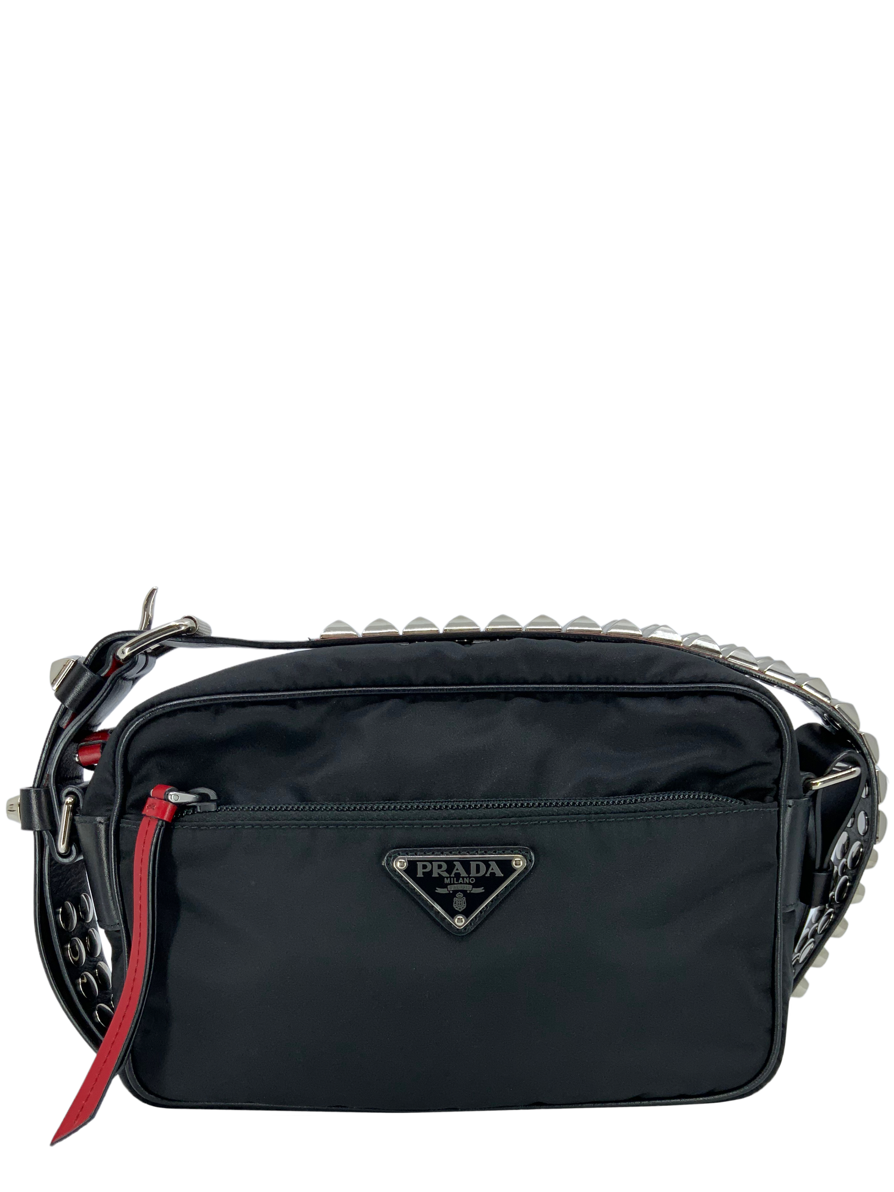 PRADA Tessuto Nylon Studded New Vela Shoulder Bag for Women - Luxury Designer Crossbody Purse for Everyday Use, Work & Night Out