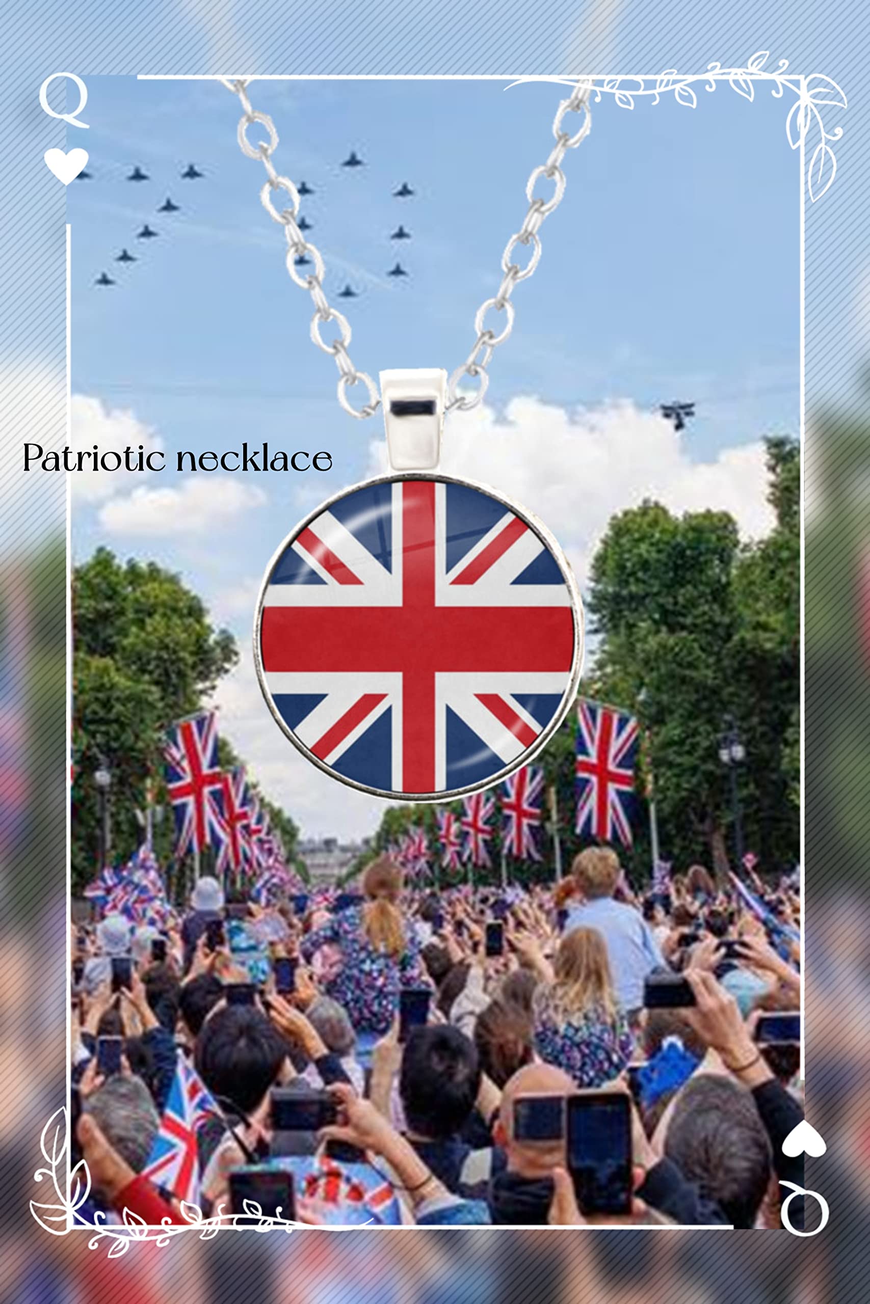 GAUEIOUR Union Jack Flag Necklace - Platinum Jubilee 70th Anniversary Heart-Shaped UK Flag Pendant with Time Gem, Perfect for Queen's Jubilee Celebrations & British Pride Gifts