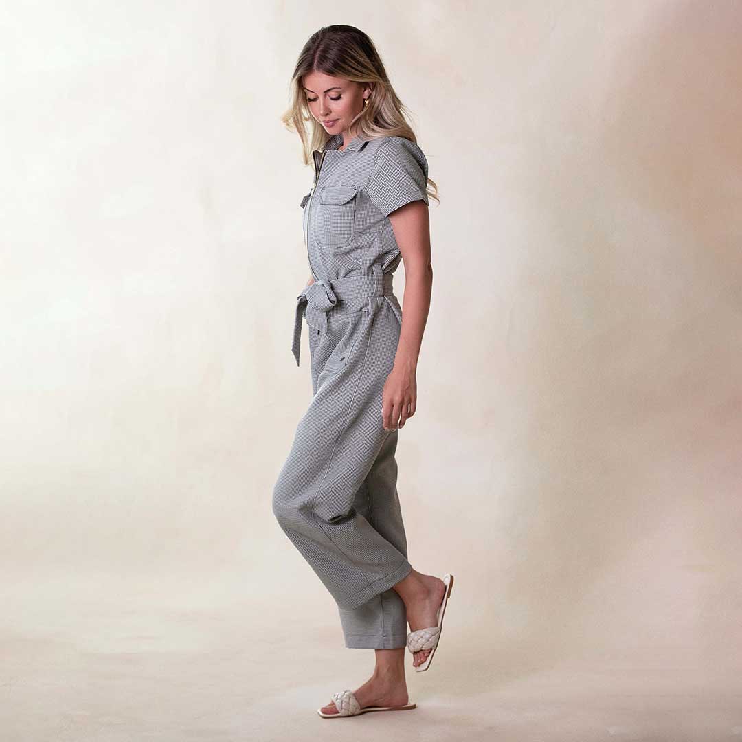 Stylish Houndstooth Print City Jumpsuit for Women - Trendy One-Piece Romper with Pockets | Perfect for Office Wear, Casual Outings & Night Events