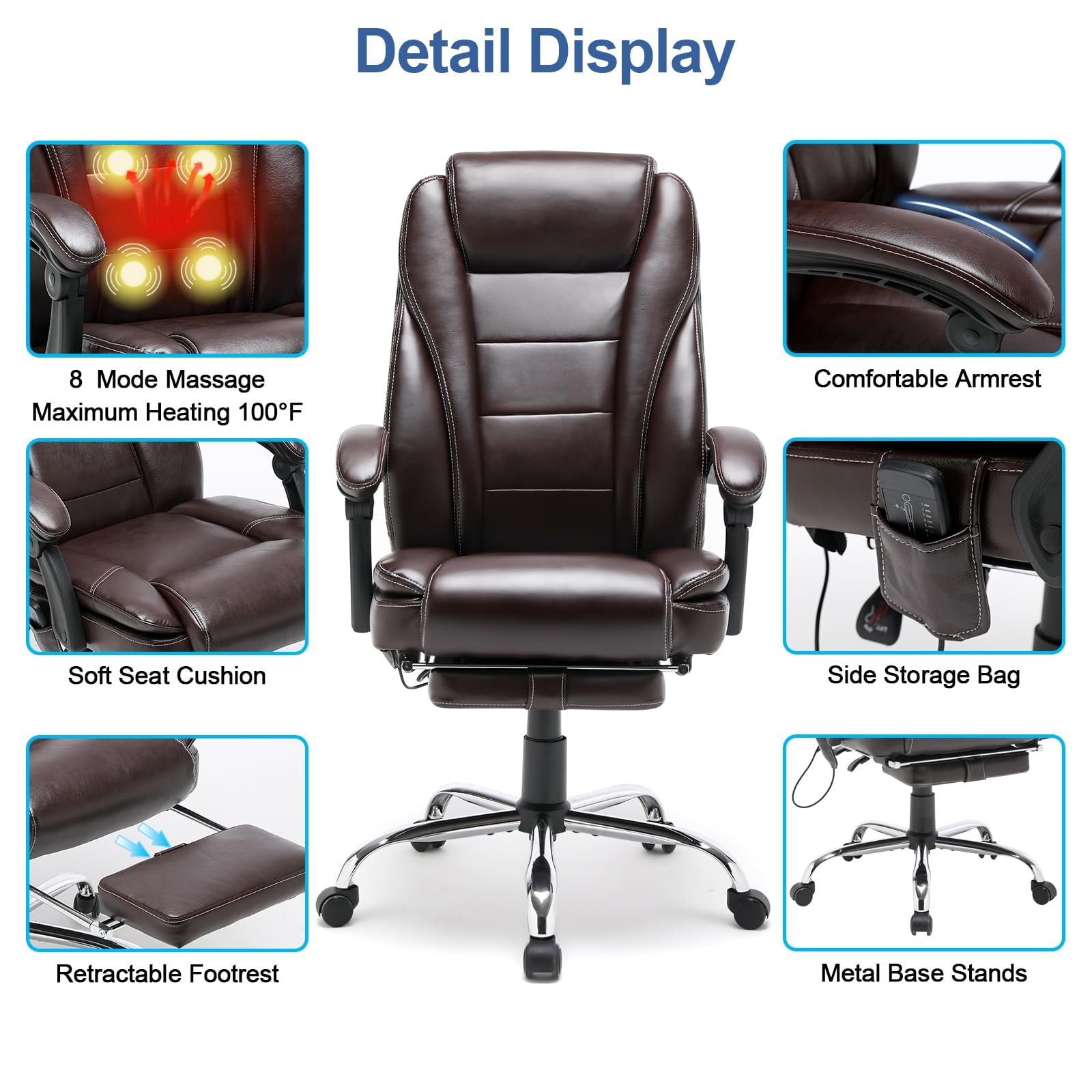 HOMREST 4-Point Massage Reclining Office Chair - Ergonomic Leather Executive Chair with Heating & Retractable Footrest - Adjustable Computer Desk Chair for Home Office, Study, Gaming & Relaxation (Brown) - Perfect for Long Work Hours, Online Meetings & Stress Relief