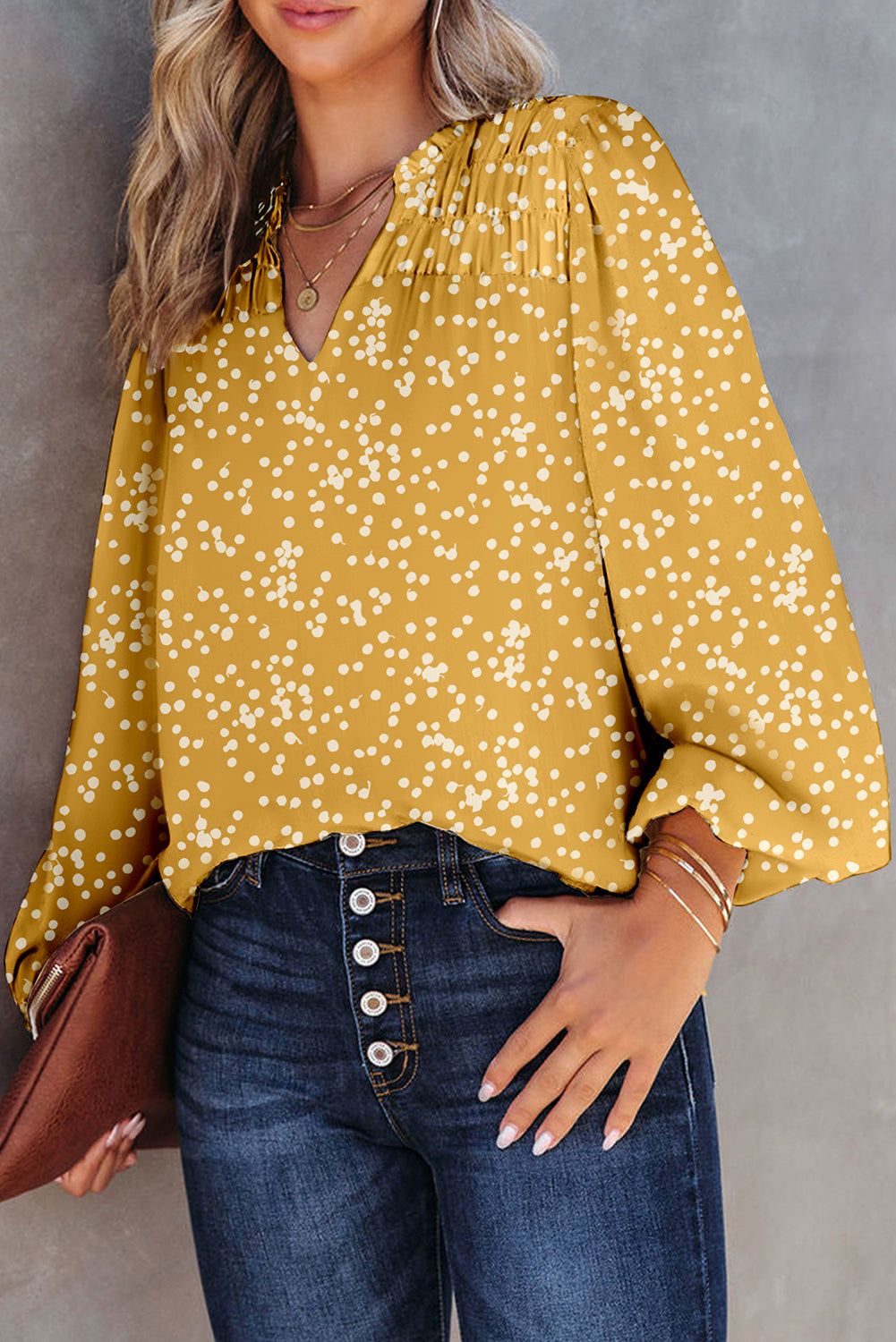 Stylish V Neck Printed Crinkled Long Sleeve Blouse for Women - Trendy Casual & Office Wear