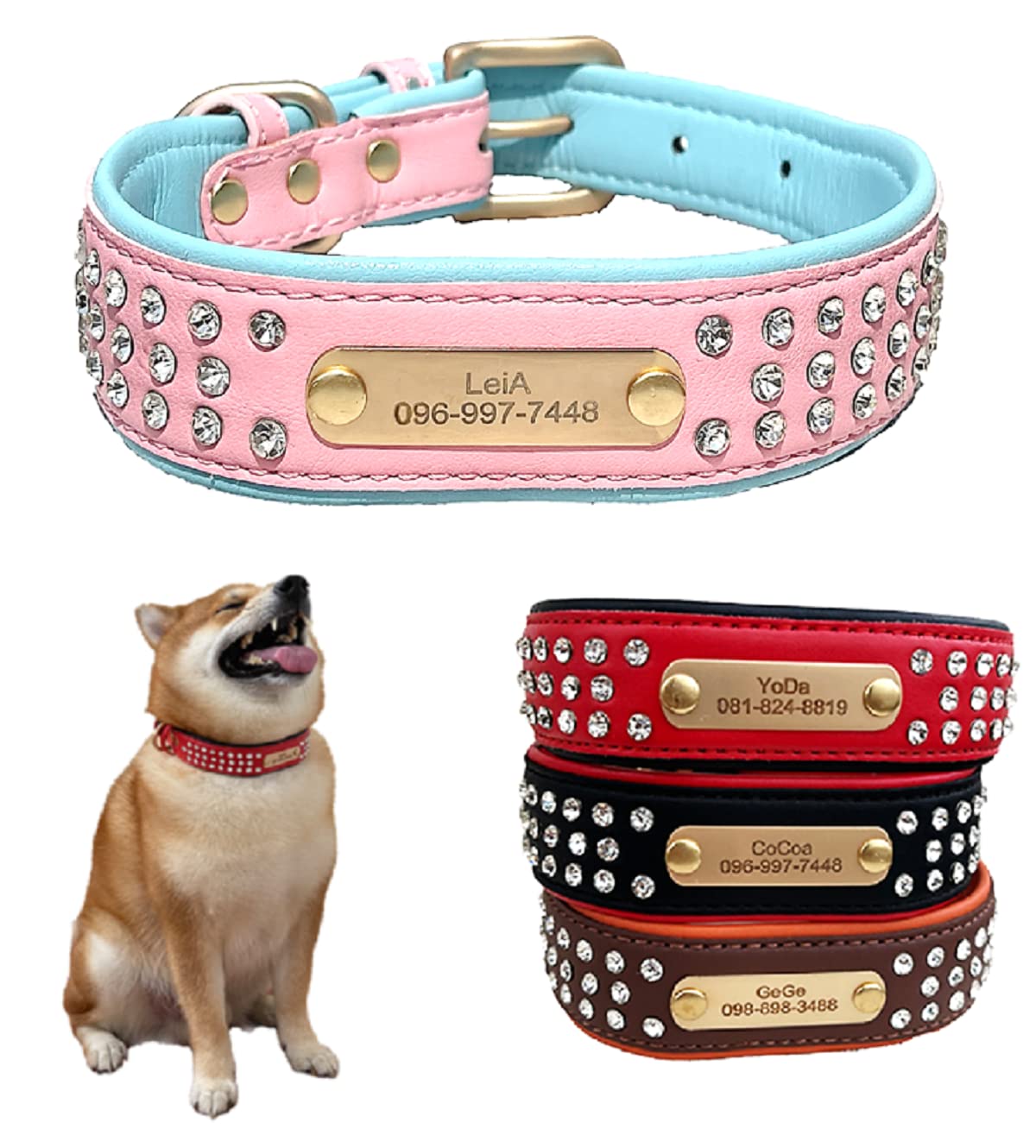 Personalized Rhinestone Dog Collar with Nameplate - Adjustable Bling Pet Collar for French Bulldog, Pitbull, Medium & Large Dogs - Pink & Black - Perfect for Training, Walks & Special Occasions