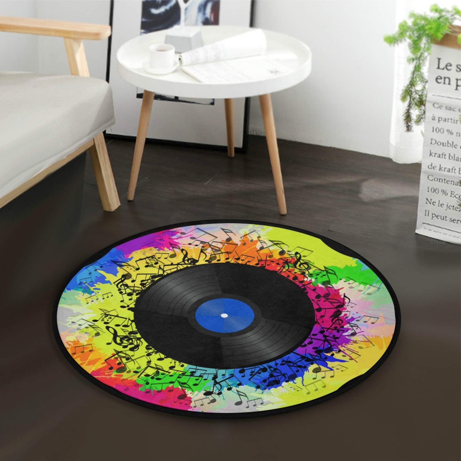ALAZA Music Notes Record Rainbow Watercolor Round Area Rug - 3' Diameter (92 cm) Non-Slip Soft Floor Mat for Living Room, Bedroom, Nursery, Dorm | Boho Chic Home Decor & Musical Theme Gift Idea