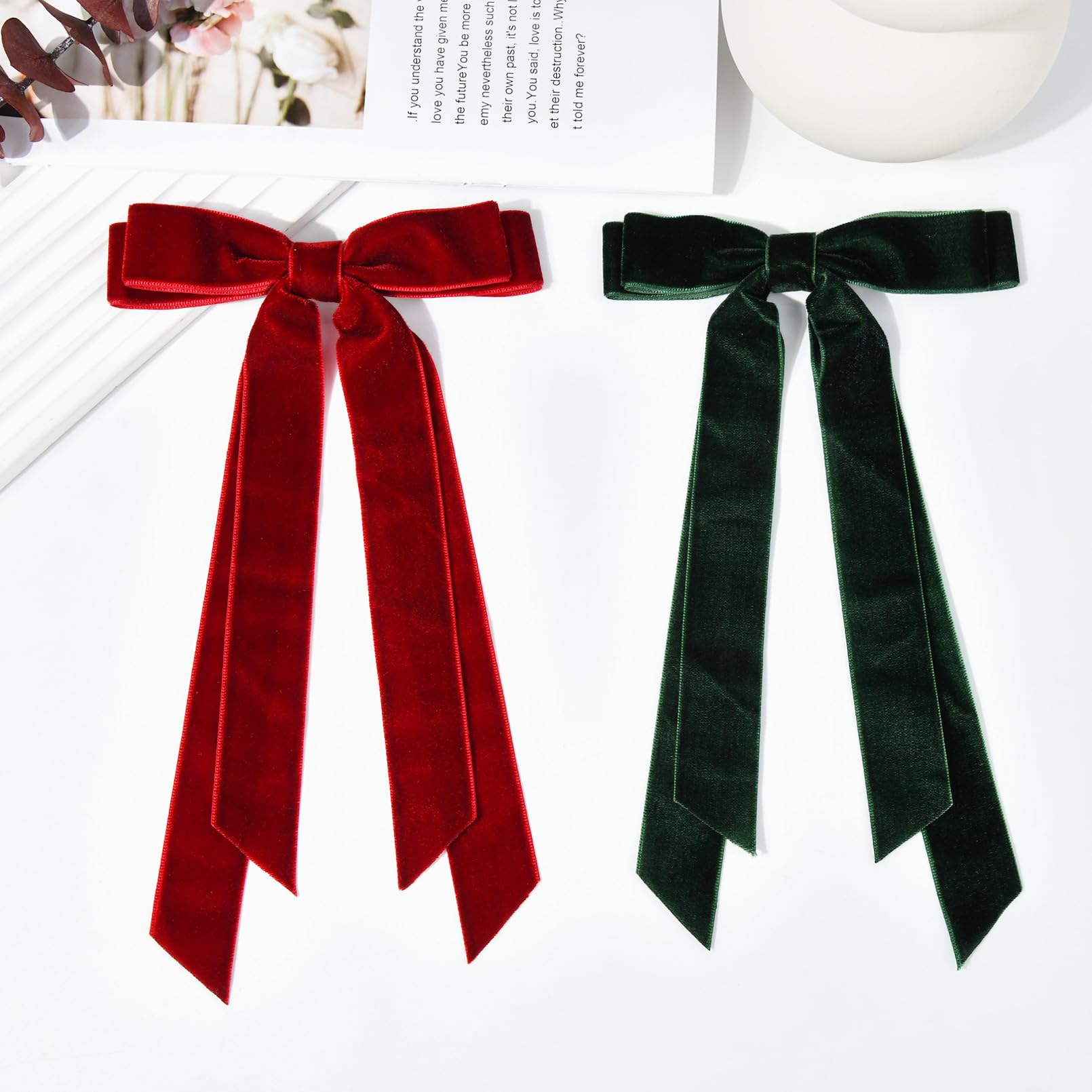 2PCS Velvet Hair Bows - Wine Red & Green Ribbon Hair Clips with Metal Slides | Ponytail Holder for Women, Girls, Toddlers, Teens & Kids | Perfect for Parties, Weddings & Daily Hair Accessories
