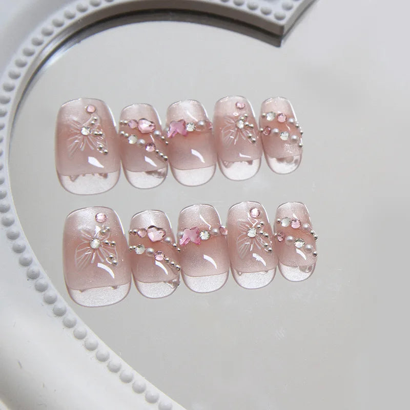 10Pcs Sakura Ballet Press on Nails - Glitter French Tip Acrylic Fake Nails Short Pink Full Cover Manicure Set for Women | Perfect for Parties, Weddings, Date Nights & Everyday Wear