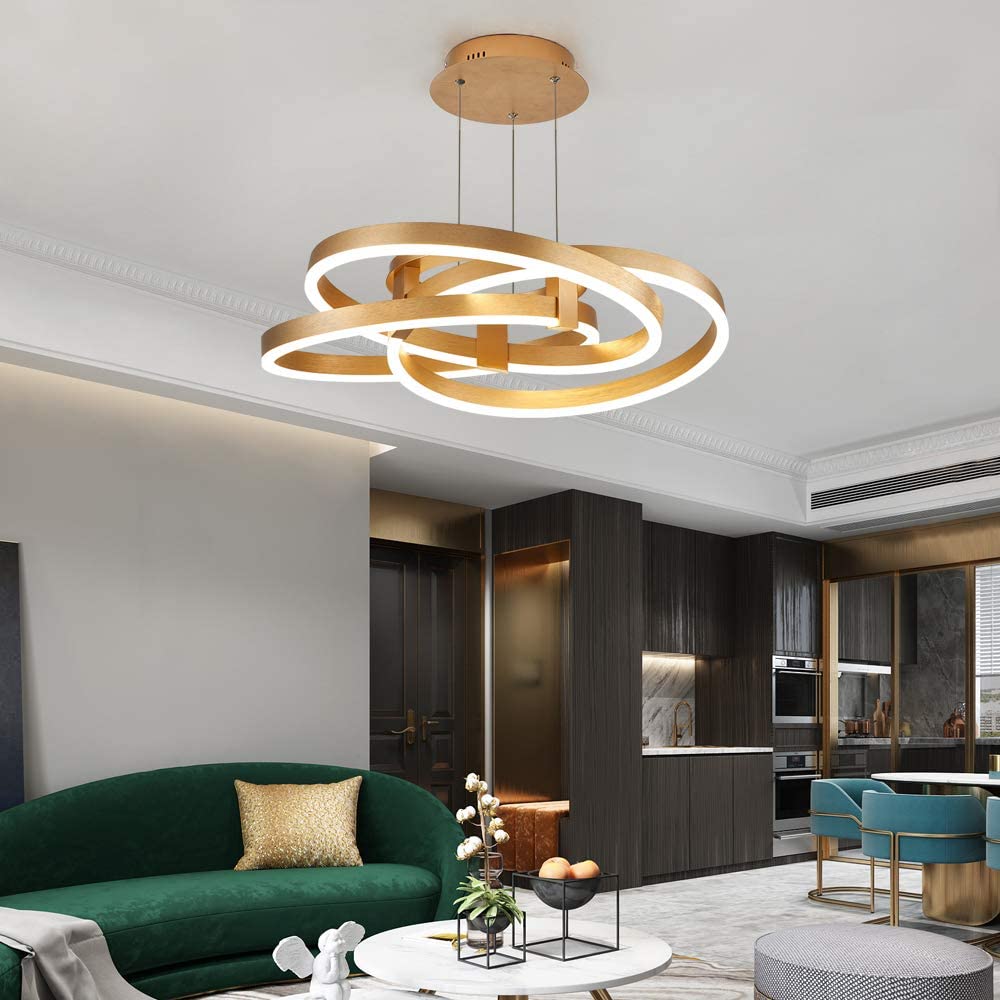 Maxax LED 3 Ring Chandelier - Modern Acrylic Pendant Light Fixture for Industrial Ceiling Lighting in Gold | Perfect for Bedroom, Living Room, Dining Room & Kitchen Island Decor | Creates Elegant Ambient Lighting for Home & Office Spaces
