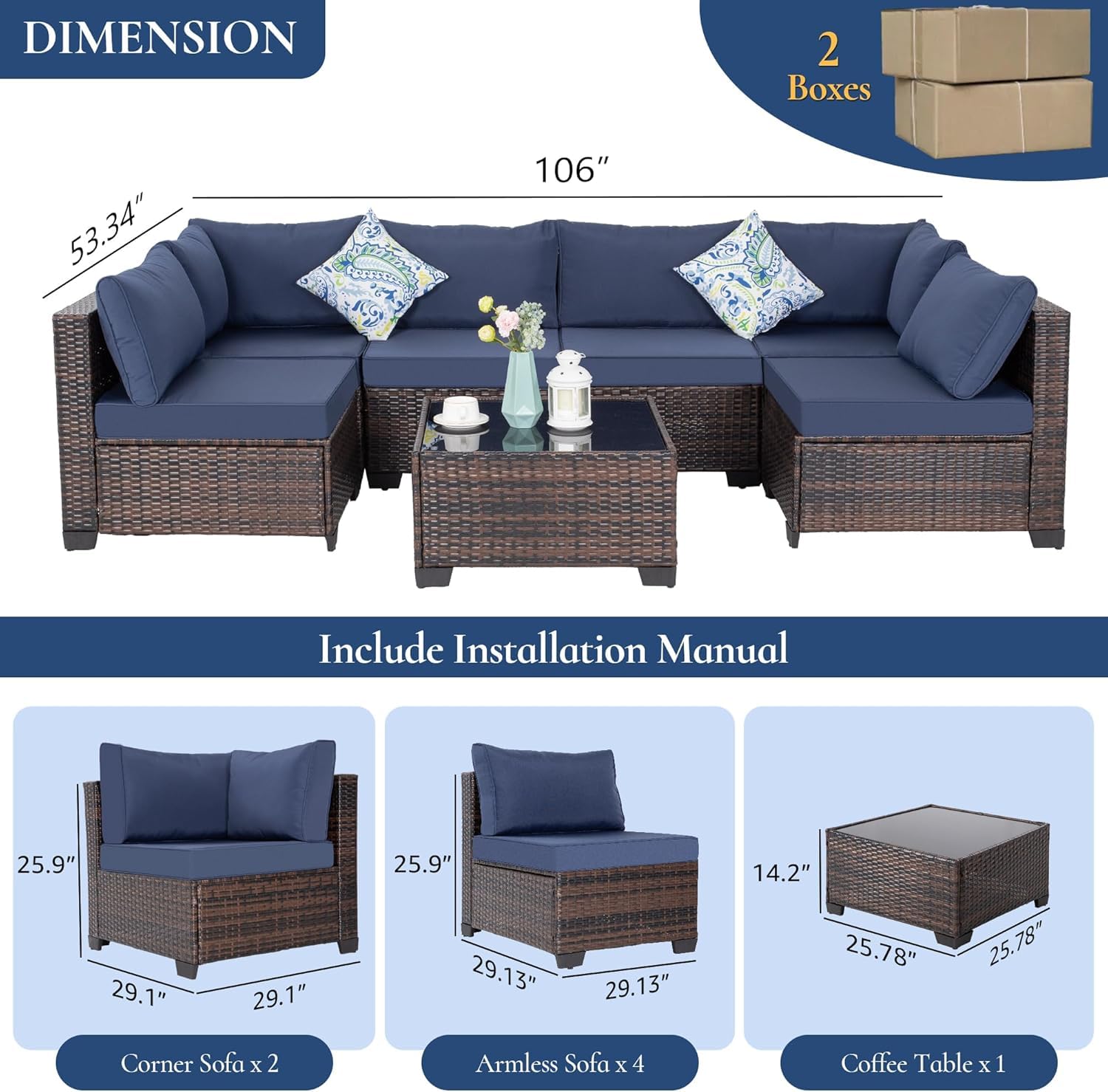 7-Piece Patio Outdoor Furniture Set - Rattan Wicker Sectional Sofa with Coffee Table - Brown Wicker & Blue Cushion - Perfect for Deck, Lawn, Garden, and Backyard Relaxation