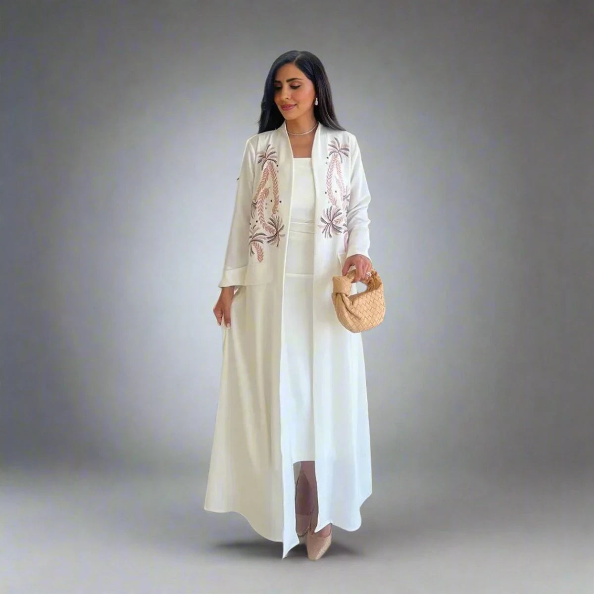 Elegant Embroidery Cardigan Open Abaya Dress for Women - Modest Islamic Fashion with Floral Design #25172 - Perfect for Prayer, Eid Celebrations and Special Occasions